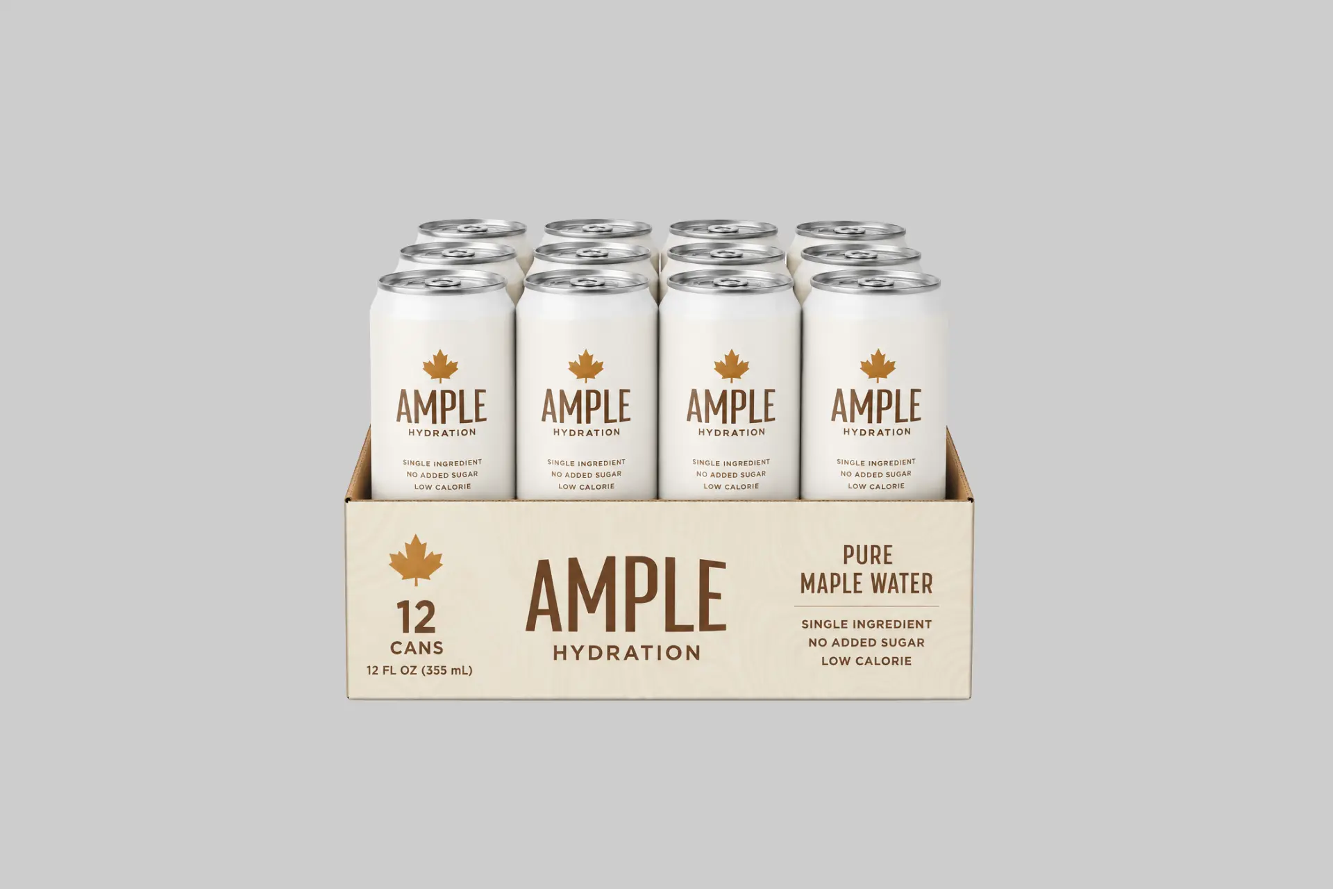 Can of Ample Hydration organic maple water beside fresh maple trees and natural spring scenery.