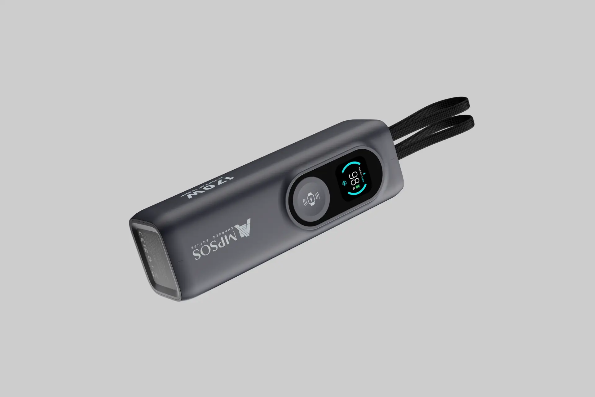 The AMPSOS 170W 25000mAh power bank showing its built-in braided USB-C cables, Apple Watch wireless charging pad, smart UI display, and compact metallic body.