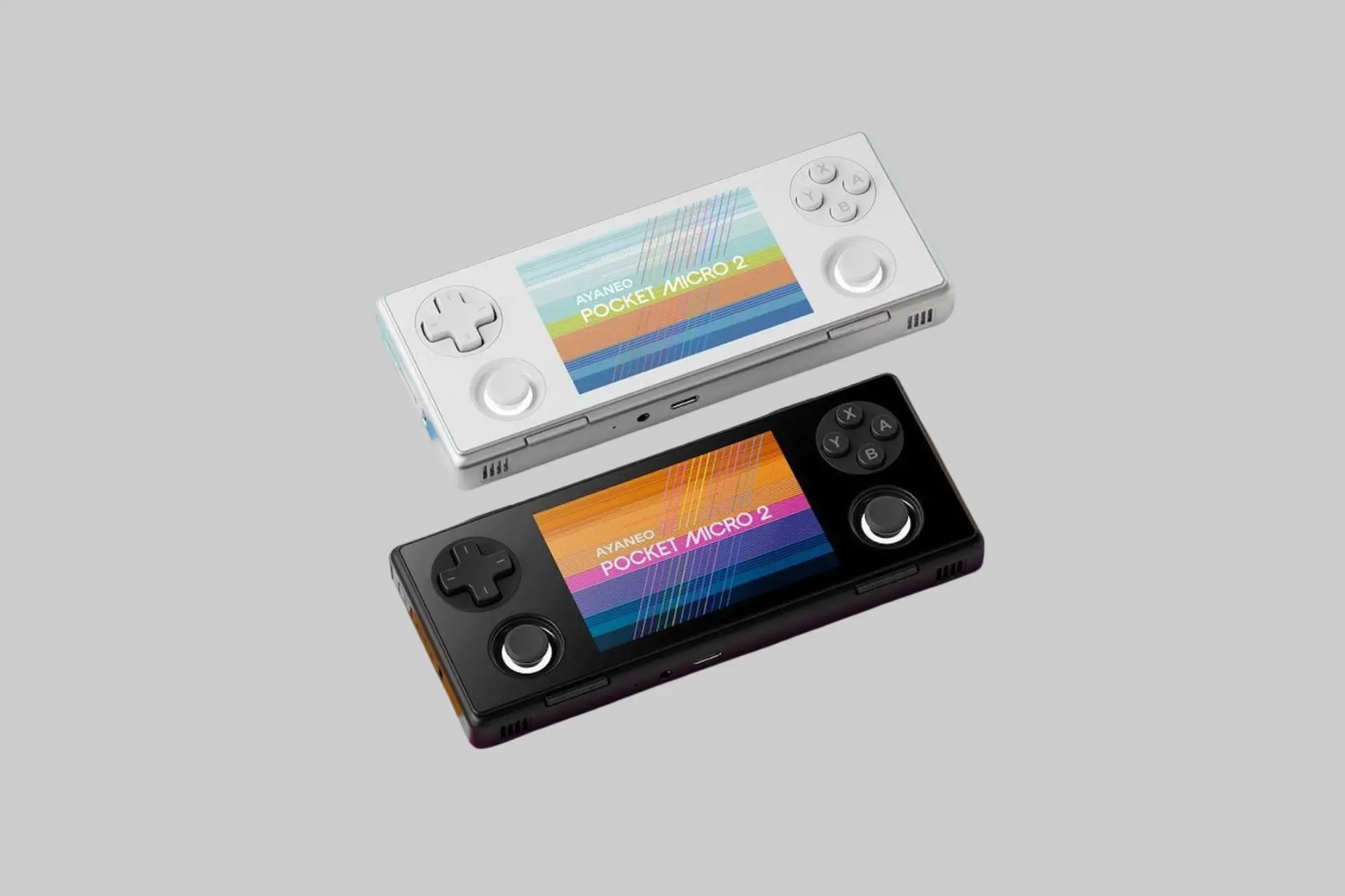 The AYANEO Pocket MICRO 2 gaming handheld in Midnight Black, showing its 3.5-inch display, recessed dual TMR joysticks, and CNC-machined metal midframe against a clean background.