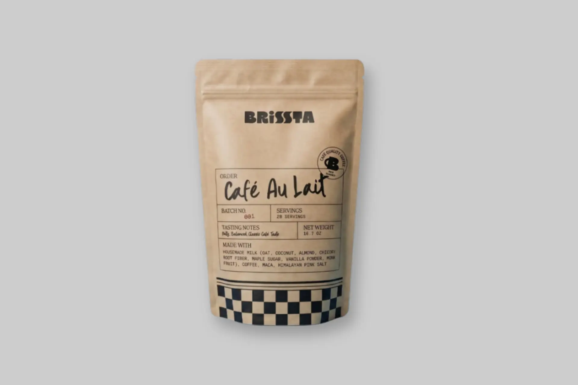 A mug of creamy Brissta Cafe Au Lait with its eco-bag packaging, highlighting its instant and dairy-free nature. - Product Review