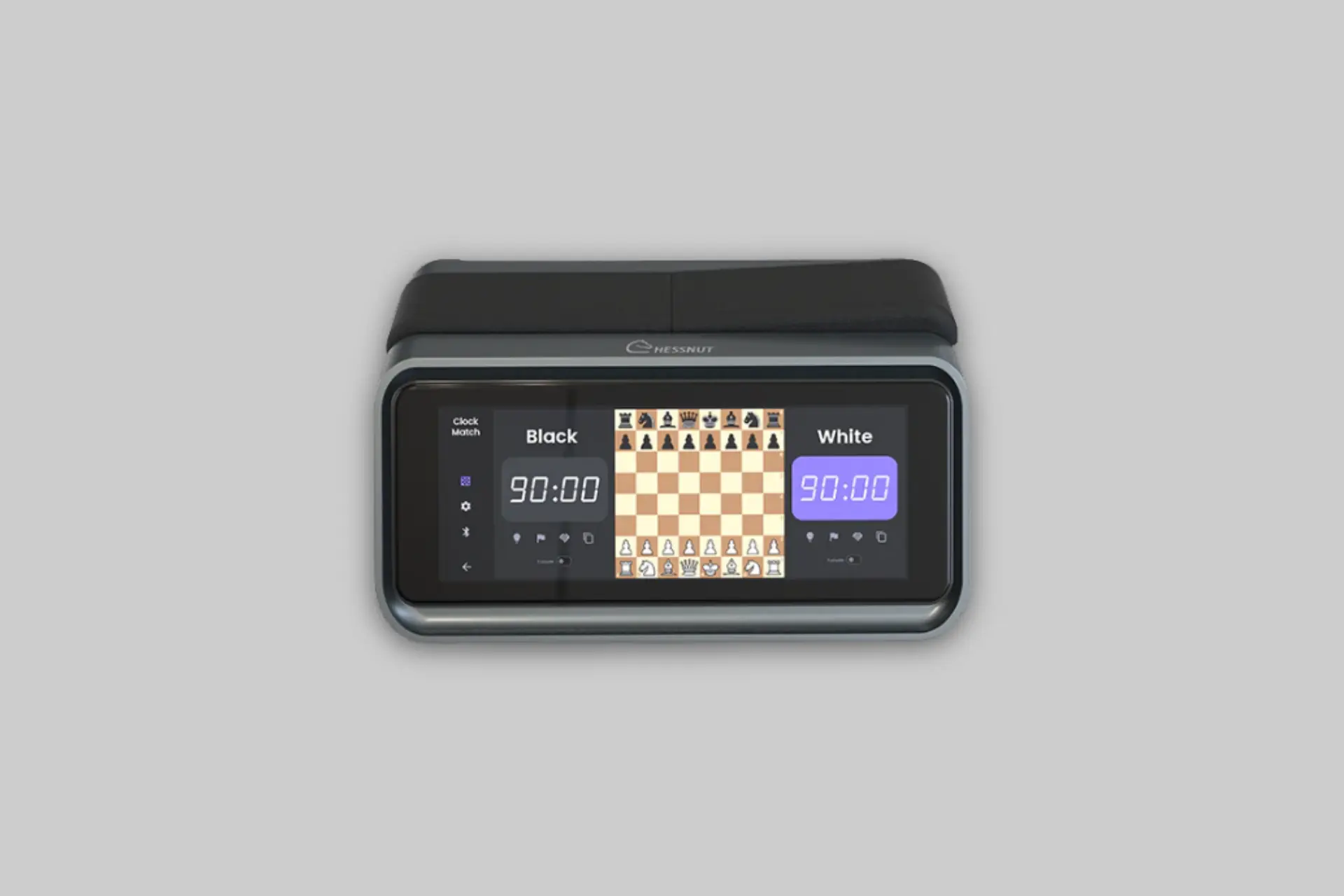 Chessnut Companion AI Clock beside a Chessnut electronic chessboard displaying digital timers and AI-assisted game features.