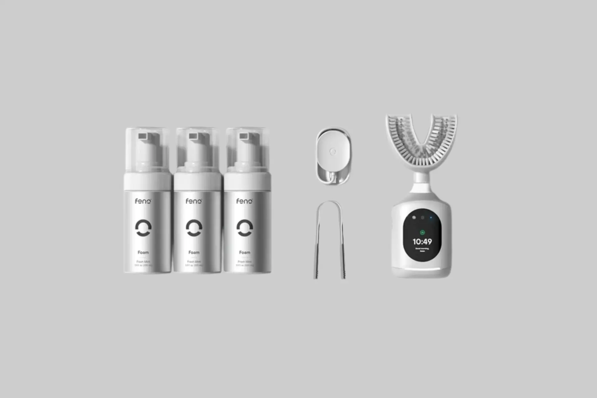 Feno Smartbrush with personalized TrueFit mouthpiece, smart handle, charger, and foaming toothpaste.