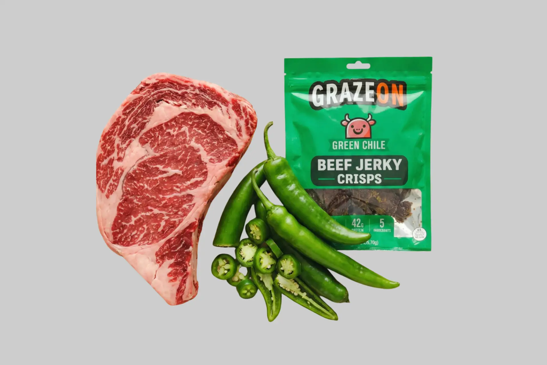 A vibrant green package of GrazeOn Green Chile Beef Jerky Crisps, showcasing the crunchy texture and bold flavor. - Product Review