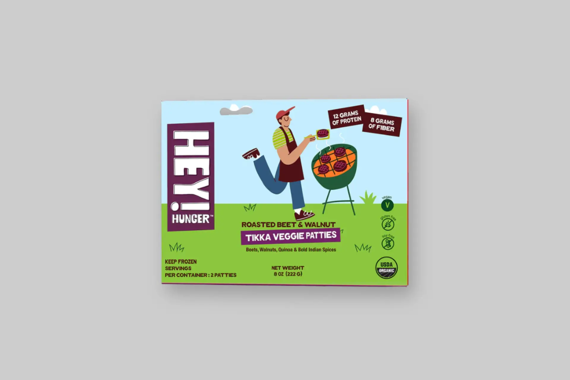 Hey! Hunger Roasted Beets and Walnuts Tikka Patty showing a deep red patty with visible walnut pieces, next to its packaging label listing all organic whole food ingredients. - Product Review