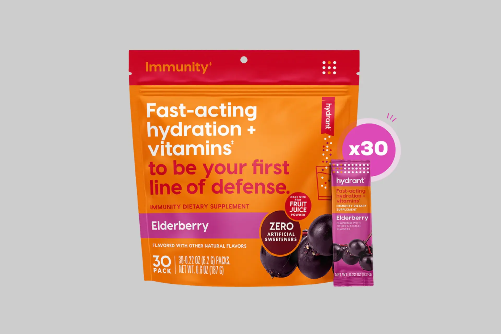 A refreshing glass of Hydrant Immunity Drink Mix in Elderberry flavor, alongside individual stick packs, highlighting its health benefits and vibrant color. - Product Review