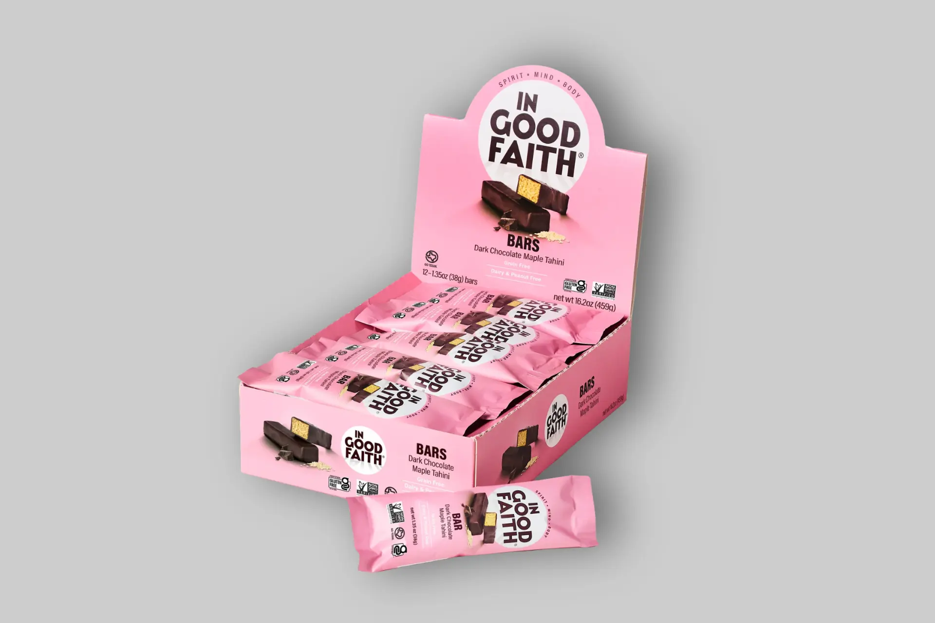 A stack of In Good Faith Dark Chocolate Maple Tahini Bars showcasing their layers and rich dark chocolate coating. - Product Review