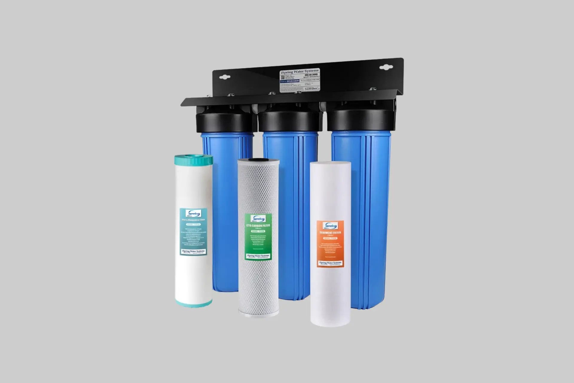 iSpring WGB32BM three-stage whole-house water filtration system with sediment, carbon, and iron manganese filters.