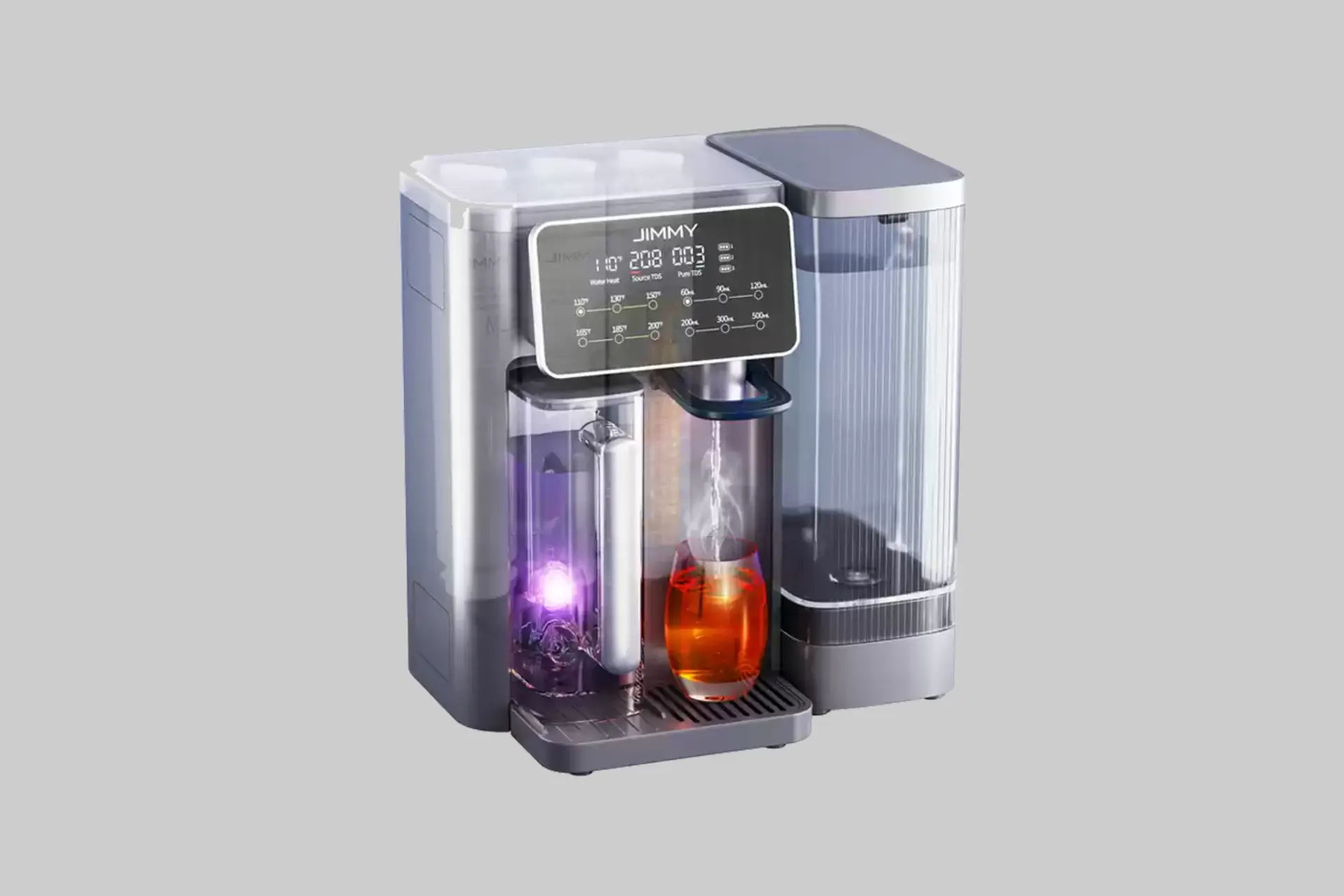 JIMMY R9 Pro countertop reverse osmosis water purifier with touchscreen display and dual purified water pitchers.