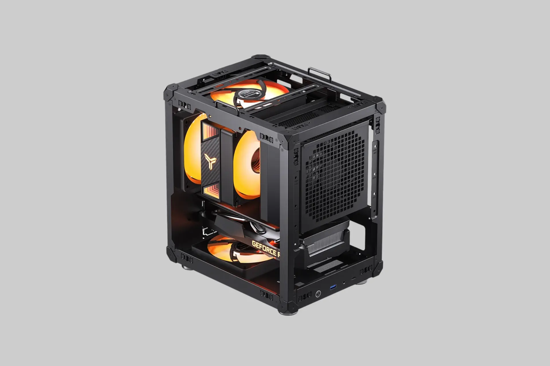 The JONSBO C6-ITX Mini ITX PC case in black, showing its full-mesh perforated side and top panels, integrated carry handle, and compact 202 x 266 x 295mm footprint.