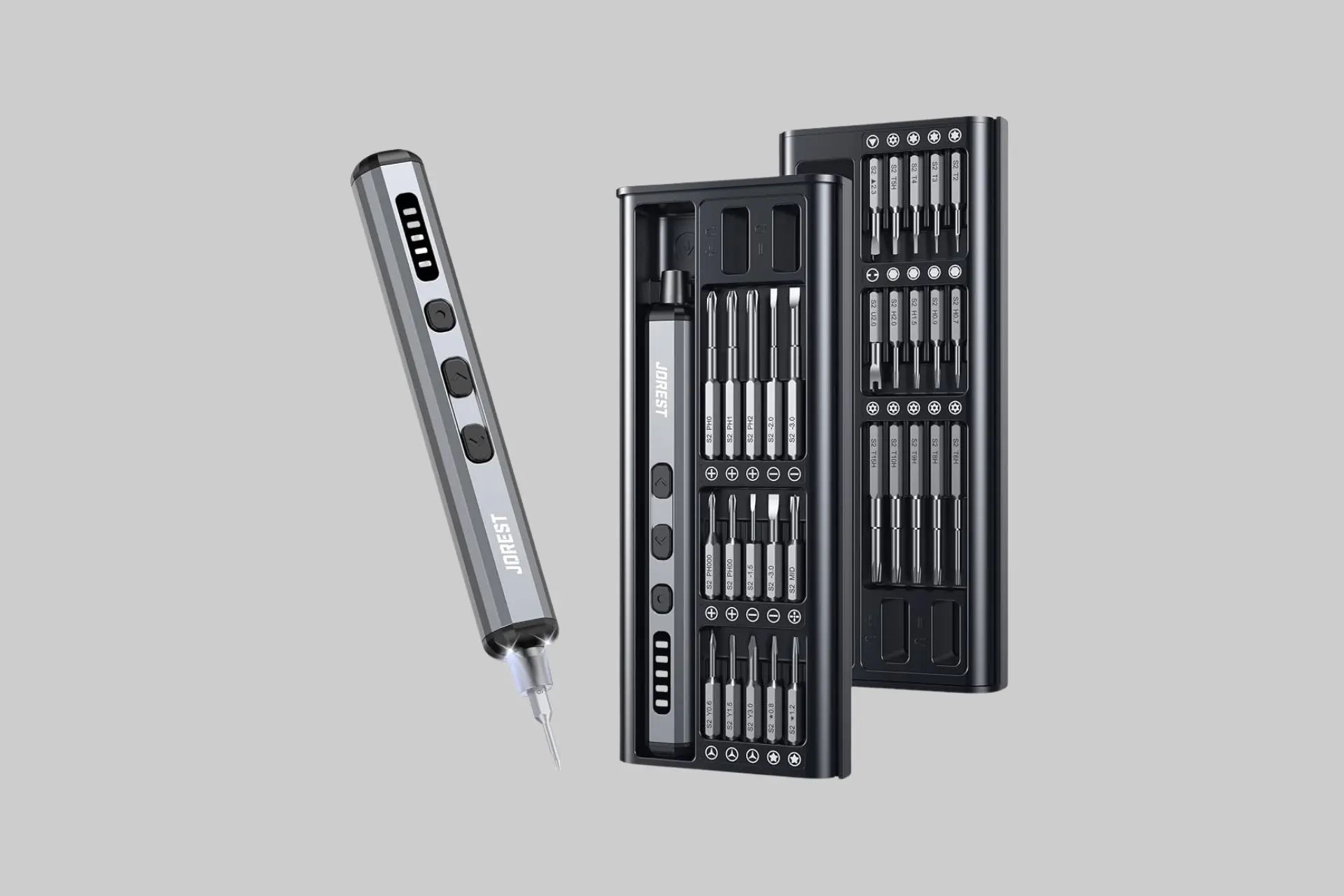 The JOREST Mini Electric Screwdriver pen-shaped body alongside its 38-piece S2 steel precision bit set in an organized case, showing the USB-C charging port and LED tip.