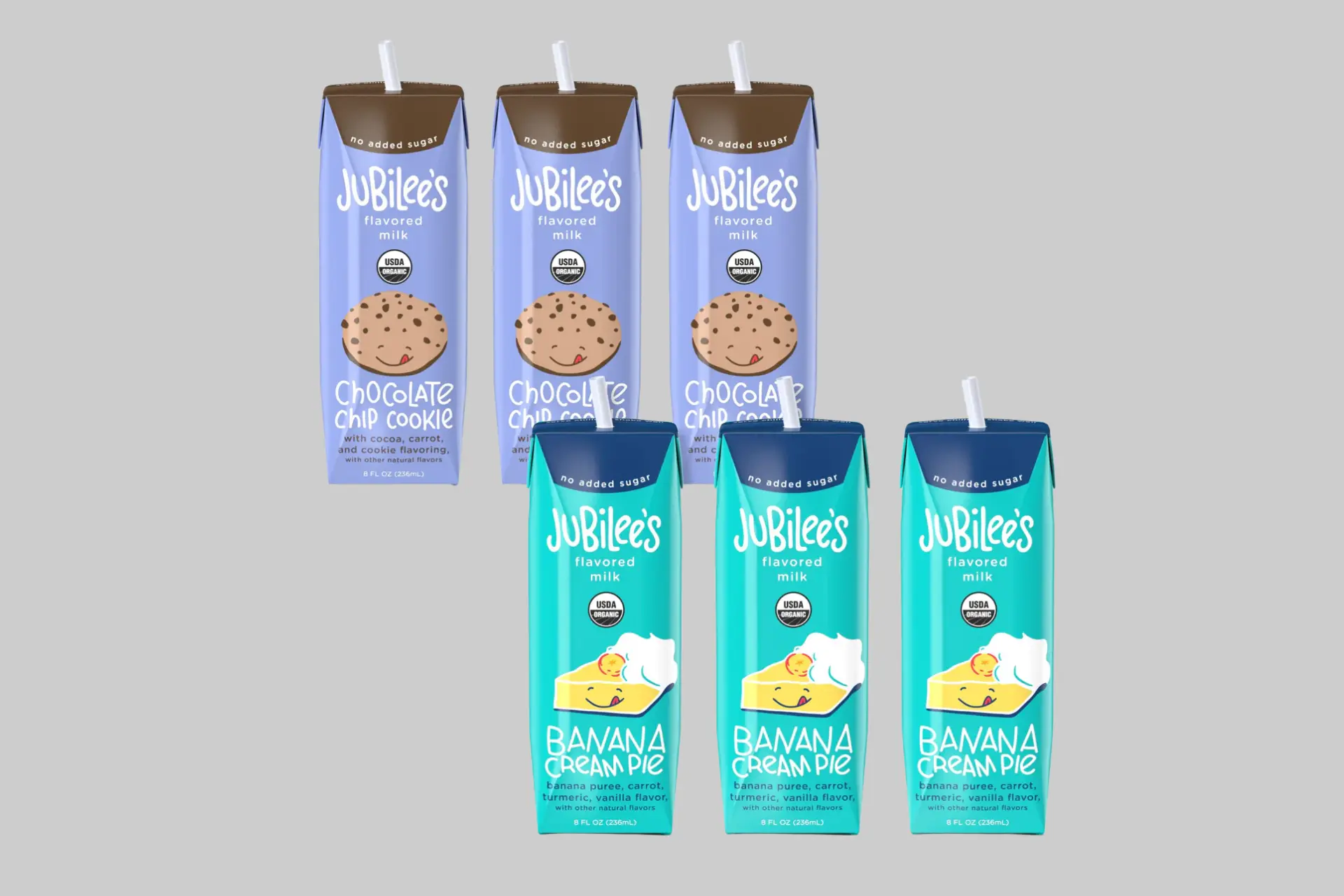 An assortment of Jubilee's Flavored Milk boxes, featuring Chocolate Chip Cookie and Banana Cream Pie, highlighting the "no added sugar" and "hidden veggies" benefits. - Product Review