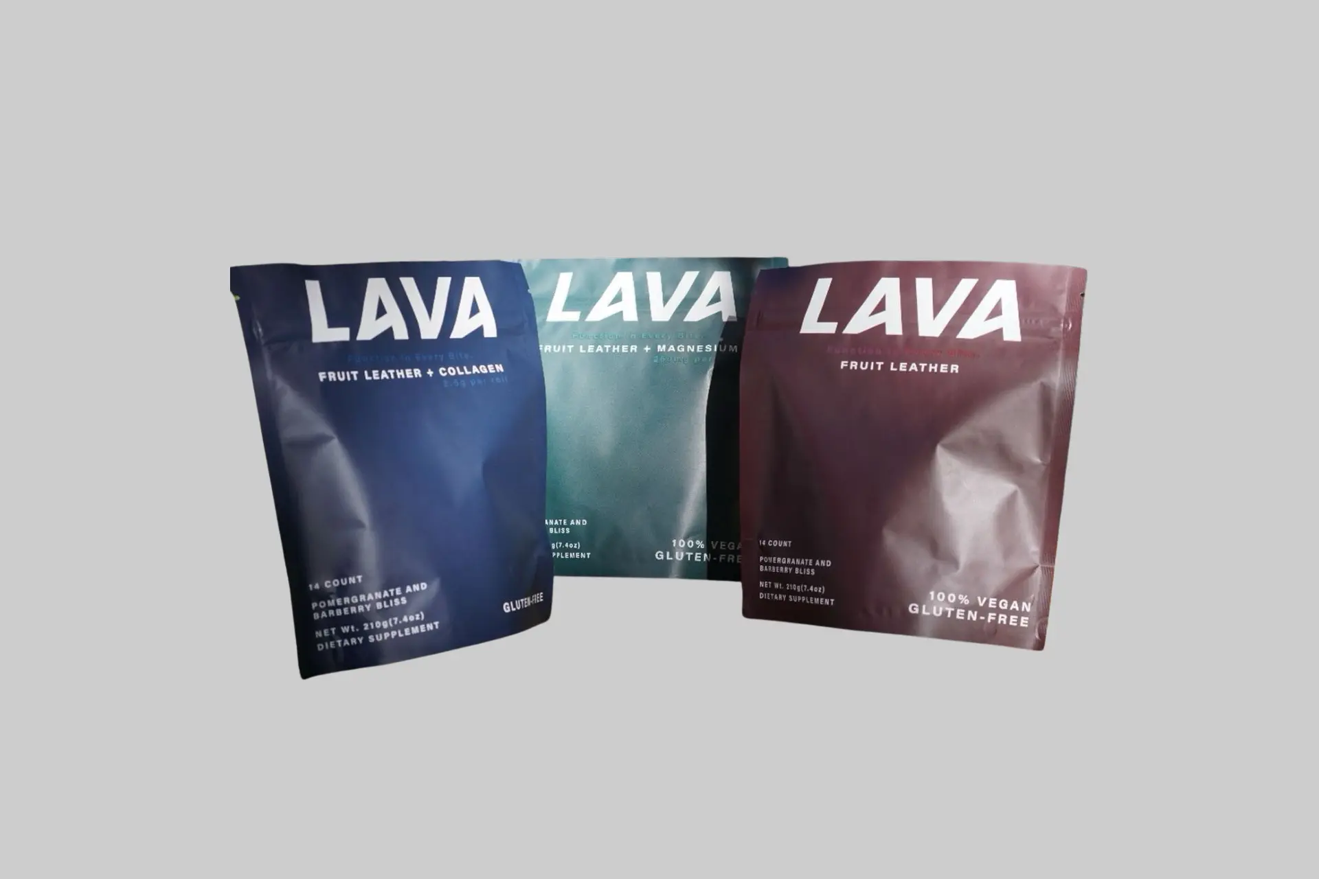 Lava Fruit Leather Classic and Collagen varieties in their packaging, showing the deep red fruit leather with clean ingredient branding against a warm background.