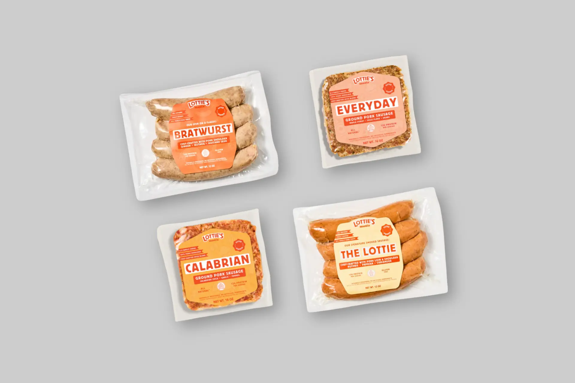 Lottie's Sausage Starter Pack featuring smoked pork sausages, bratwurst, and seasoned ground pork blends.