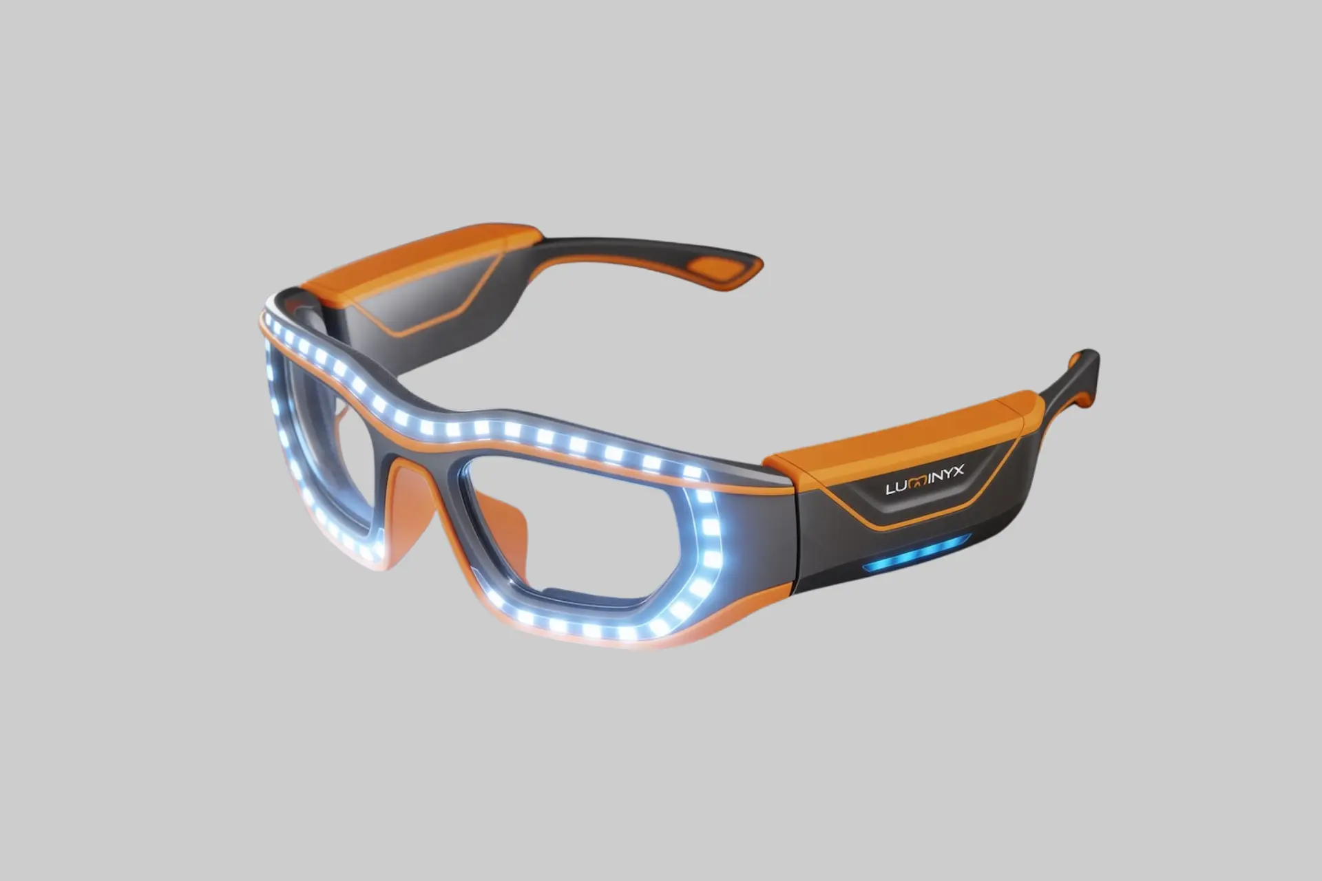 The Luminyx NFS-1 illuminated safety glasses shown from the front, with the integrated LED ring visible around the inside of the clear ANSI Z87.1-rated lenses.