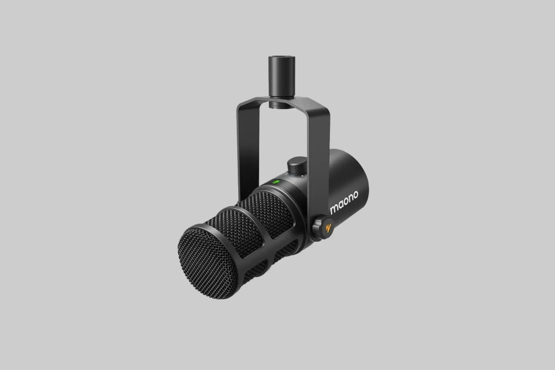 The Maono PD500W hybrid microphone in a broadcast-style form factor, showing its 30mm dynamic capsule body, USB-C port, and XLR connection against a clean studio background.