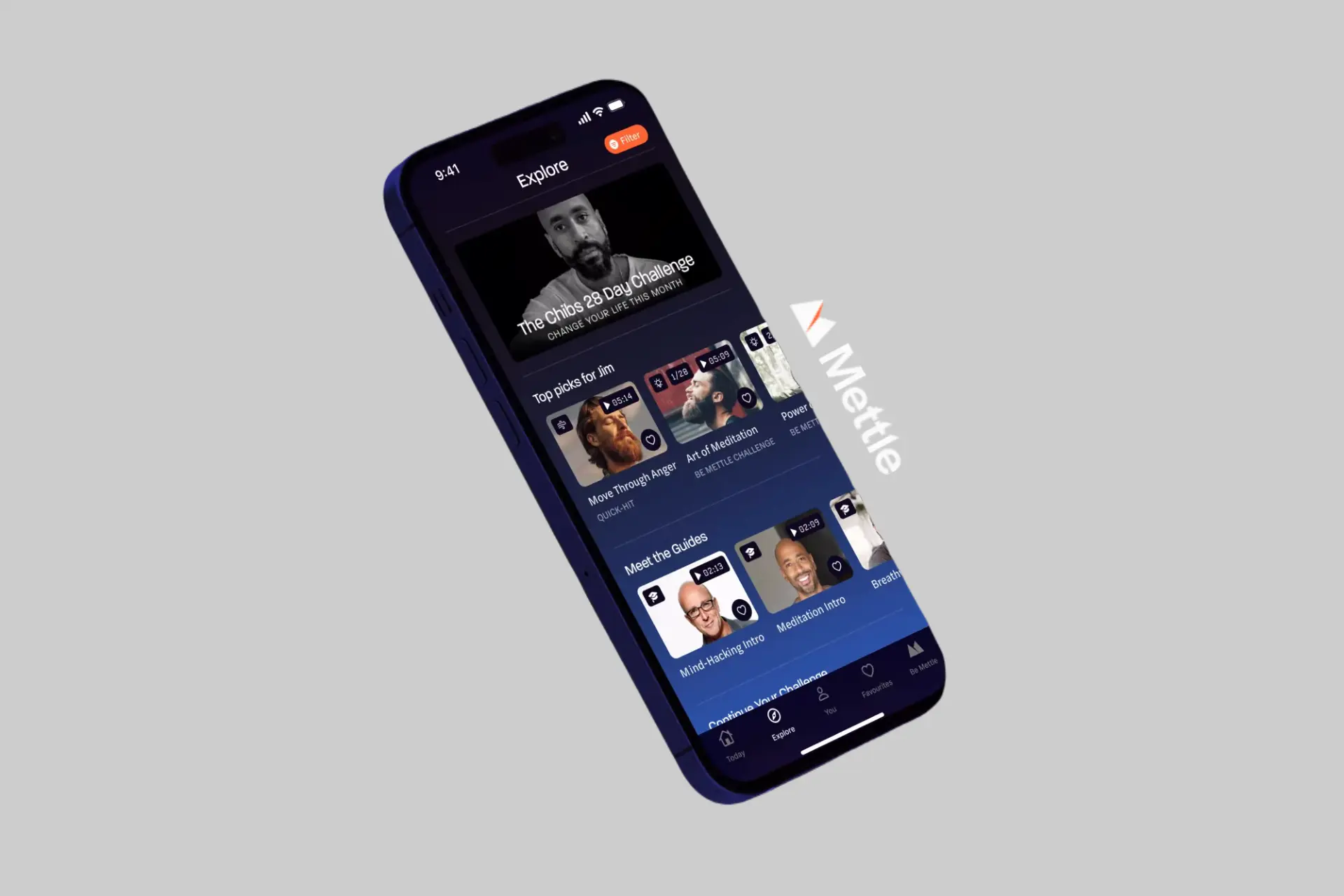 Screenshot of the Mettle Mental Fitness App interface showing guided meditation or breathwork sessions for men's mental well-being. - Product Review