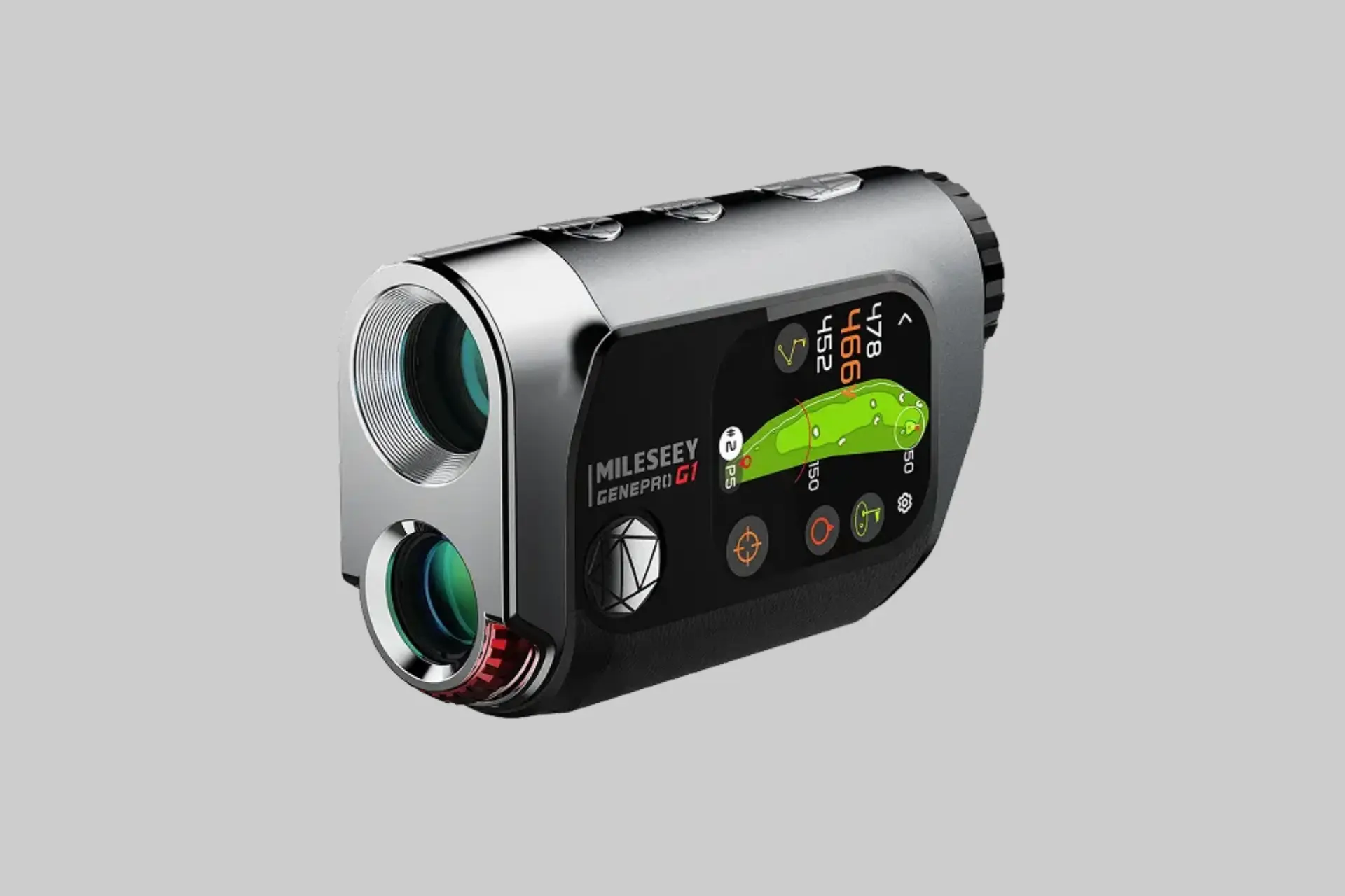 Mileseey GenePro G1 golf rangefinder displaying a vibrant course map on its touchscreen with a laser targeting a flag. - Product Review