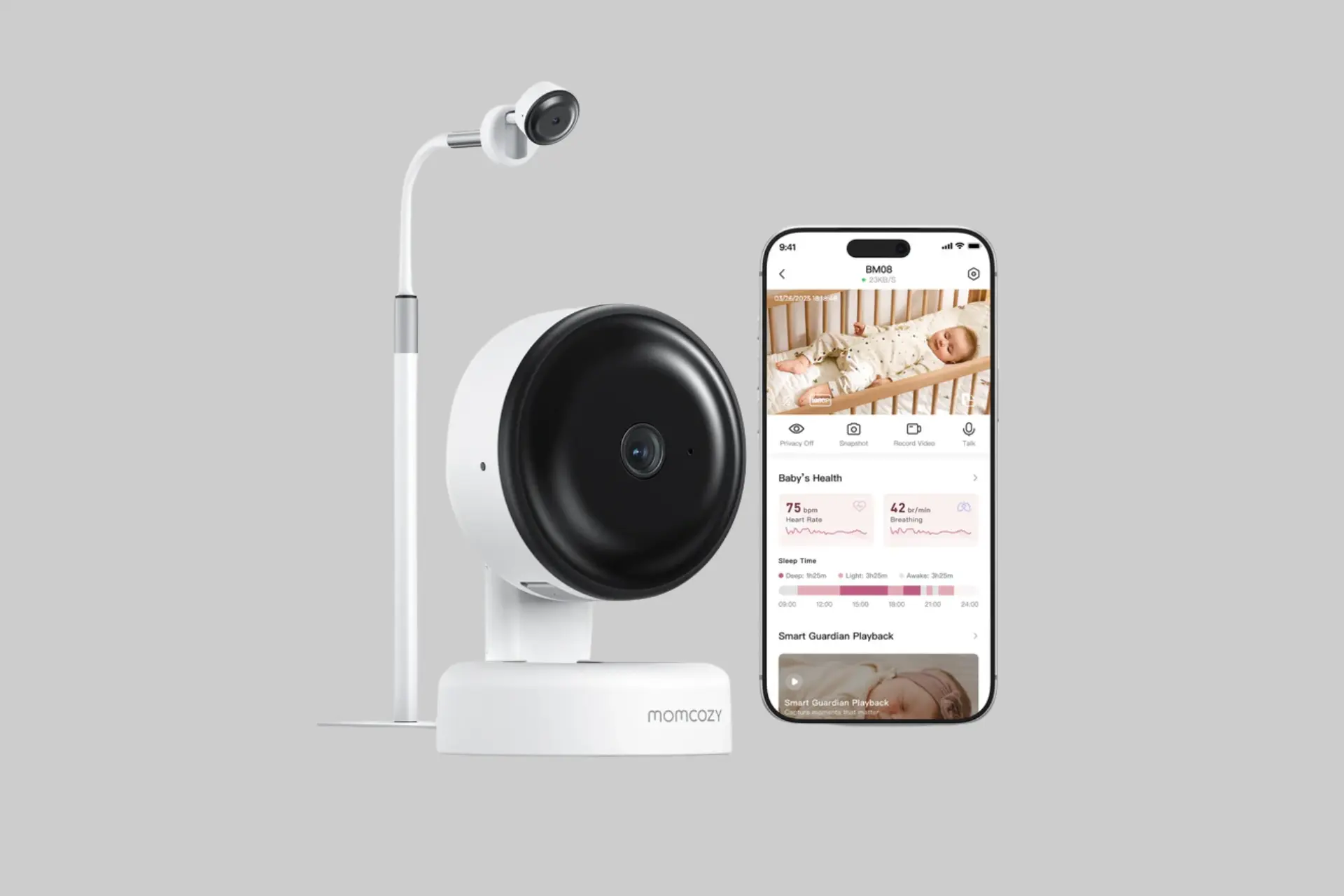 Momcozy BM08 Contact-Free Smart Baby Monitor with 2K camera and adjustable floor stand.