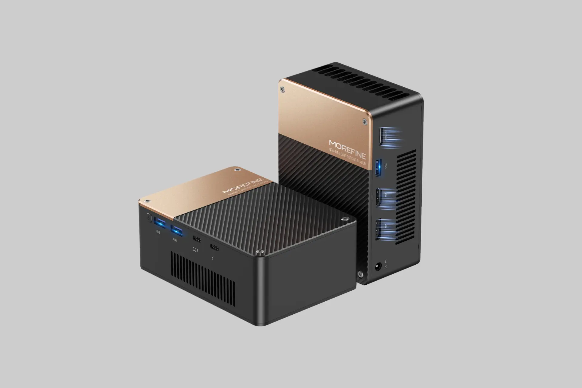 The MOREFINE G2 eGPU docking station showing its compact 140x100x54mm chassis with the RTX 5060 Ti 16GB GDDR7, Thunderbolt 5 port, and OCuLink connection against a clean background.