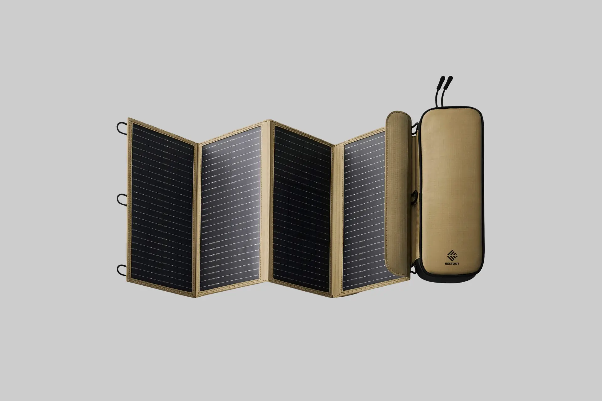 NESTOUT 4 Panel Solar Charger V2 unfolded outdoors charging a portable power bank during a camping trip.