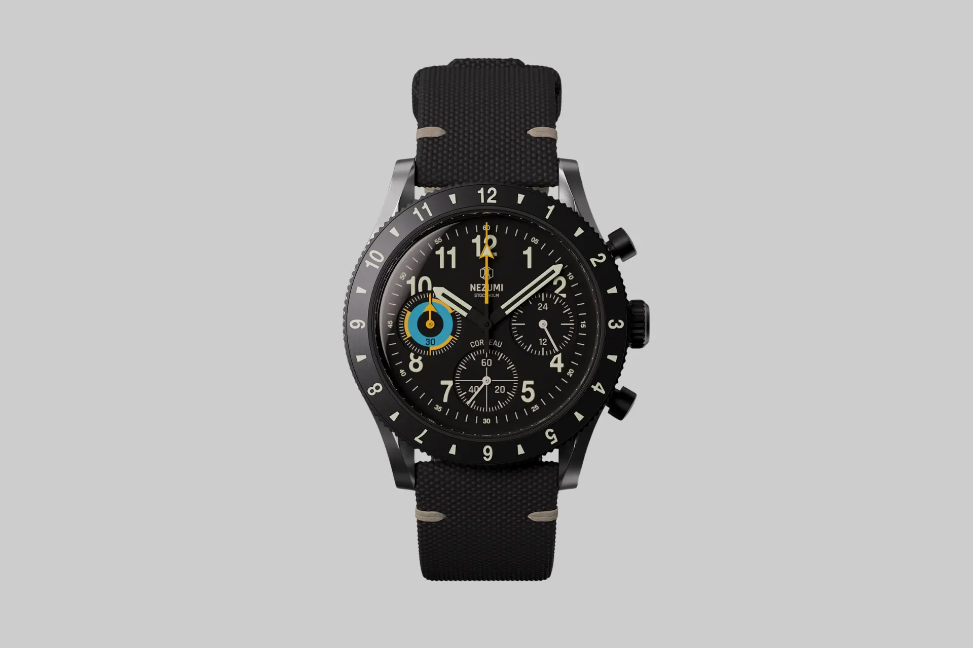 A close-up shot of the Nezumi Corbeau Ref. CQ4.702 chronograph watch on a wrist, showcasing its black dial, white sub-dials, and racing strap. - Product Review