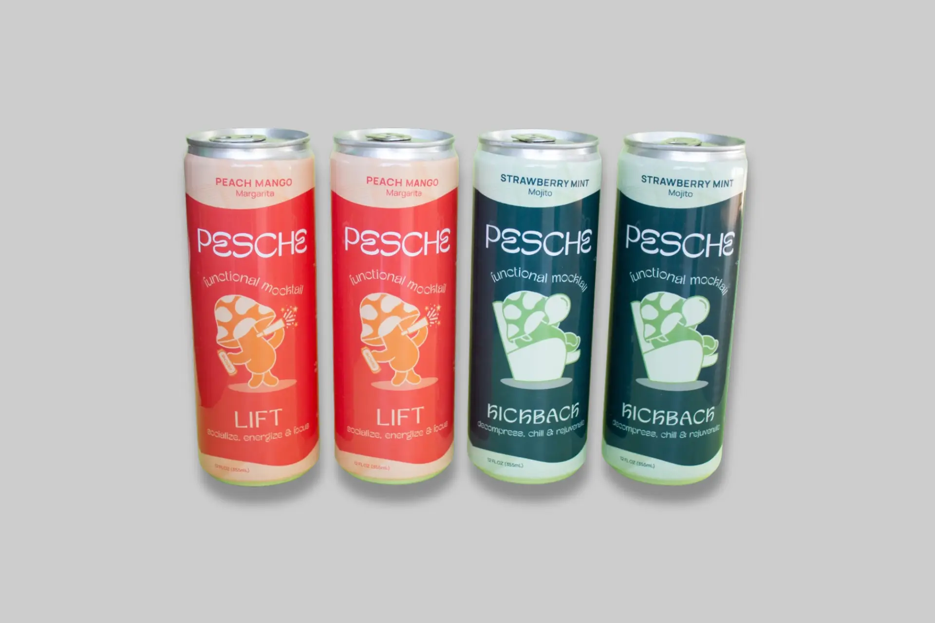 Assortment of Pesche functional mocktails in Lift (Peach Mango Margarita), Kickback (Strawberry Mint Mojito), and Unwind (Tart Cherry Shirley) flavors. - Product Review