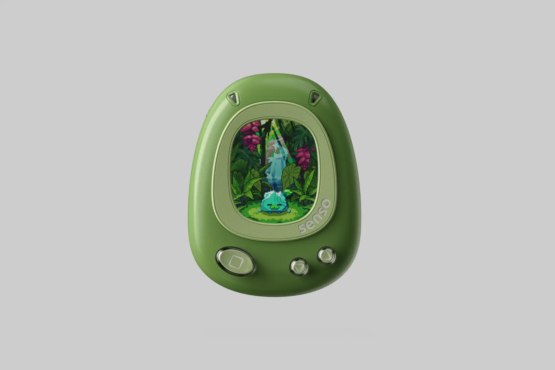 The PlantSenso AI plant sensor inserted into a pot beside a houseplant, showing its display with water-level bar and pixel companion character indicating the plant's current health status.