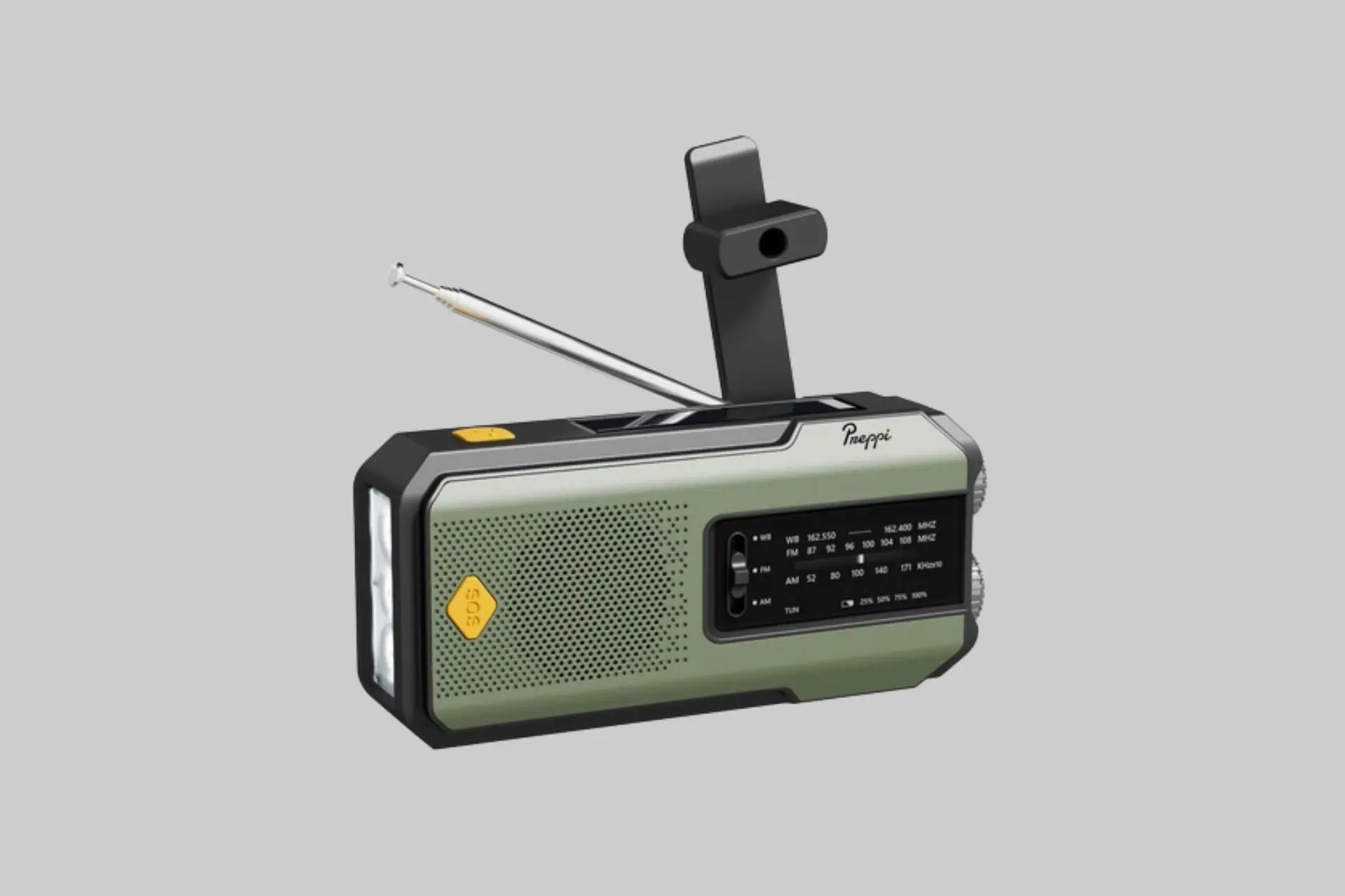 The Preppi Solar Phone Charger and Emergency Radio showing its compact white and orange body with solar panel, hand crank, LED flashlight, and USB charging port against a clean background.