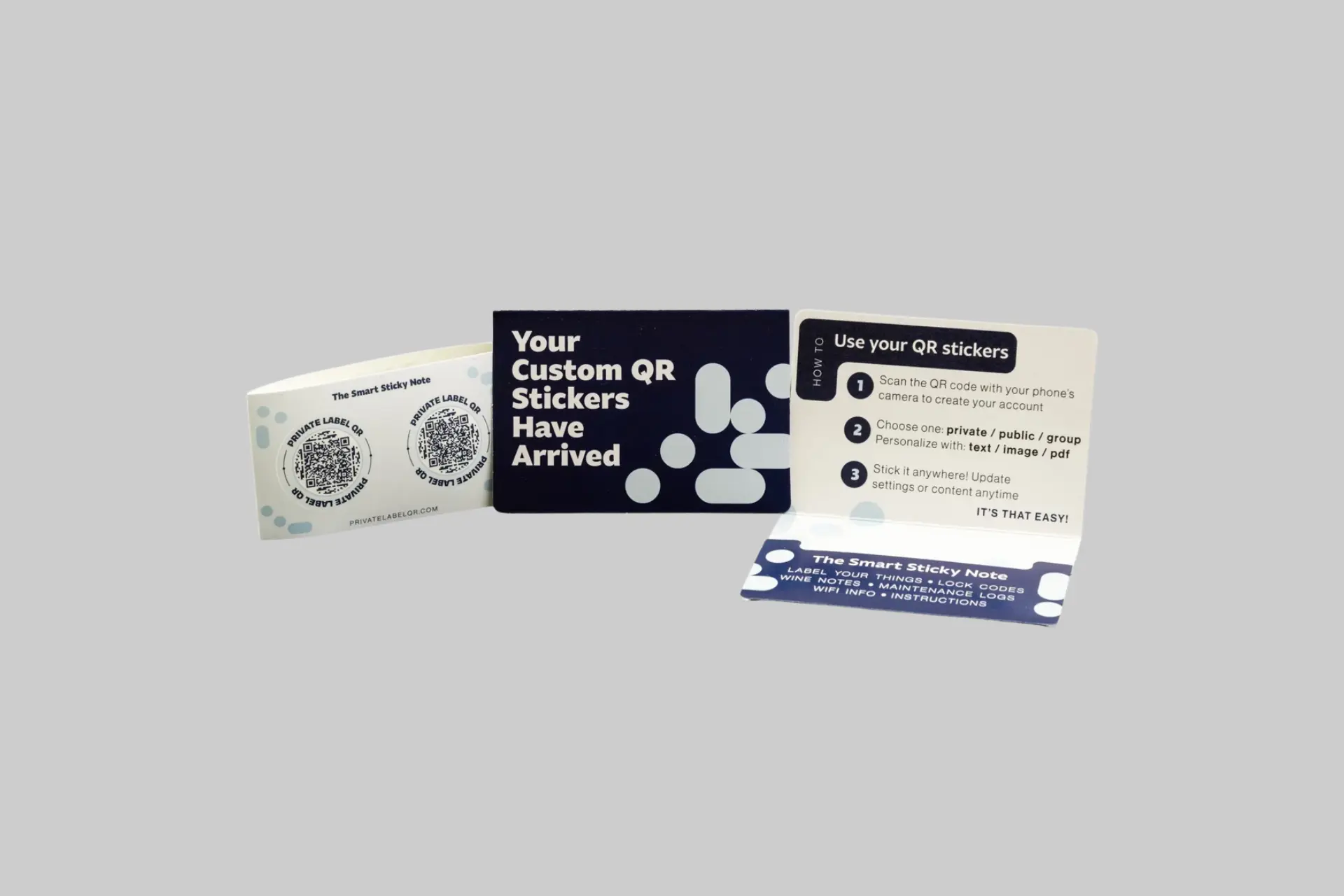 Private Label QR Smart Labels attached to everyday items, providing instant access to editable digital information through a smartphone QR scan.