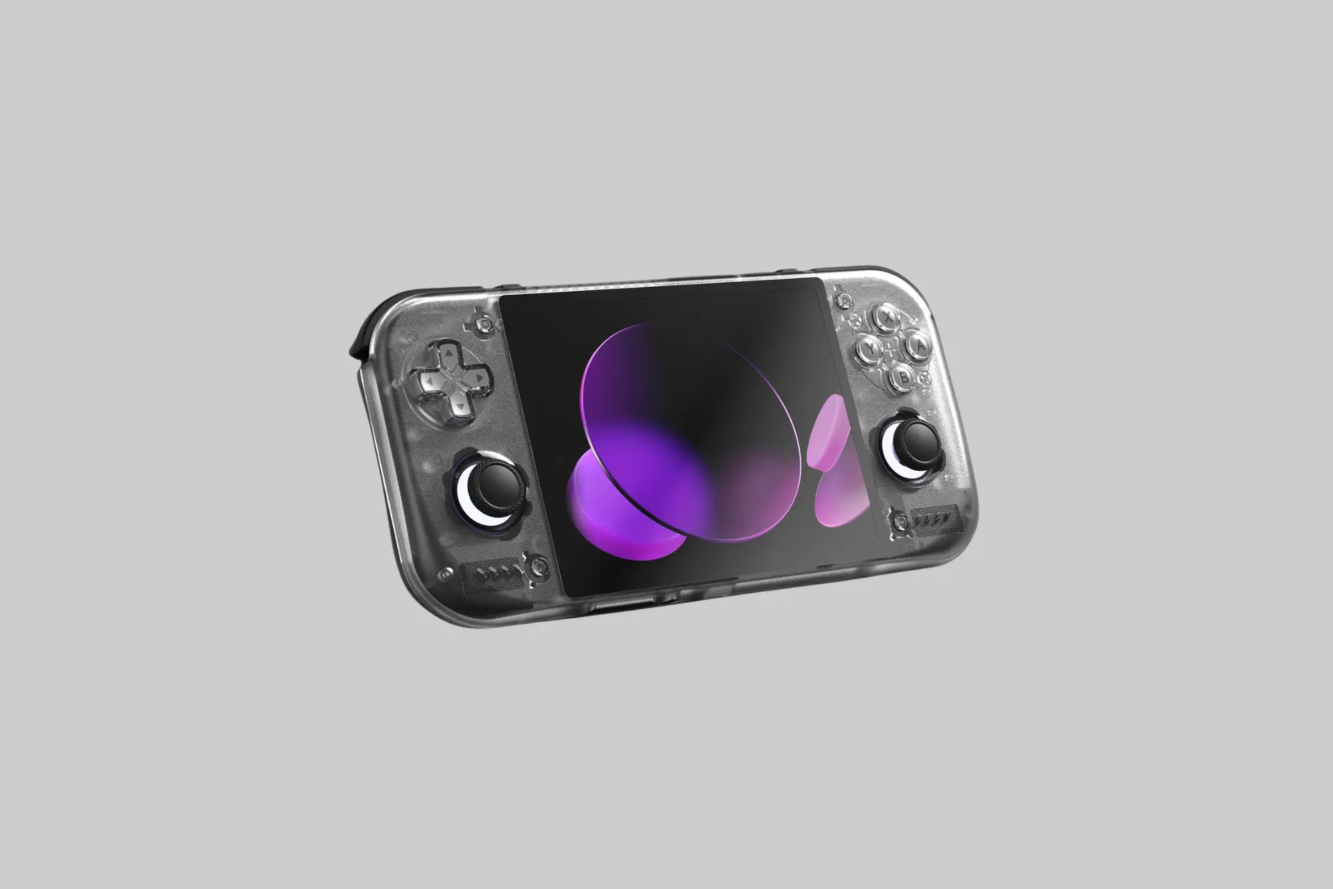The Retroid Pocket Nova handheld in GC colorway, showing its 4.5-inch AMOLED display, dual analog sticks, and compact horizontal gaming form factor.