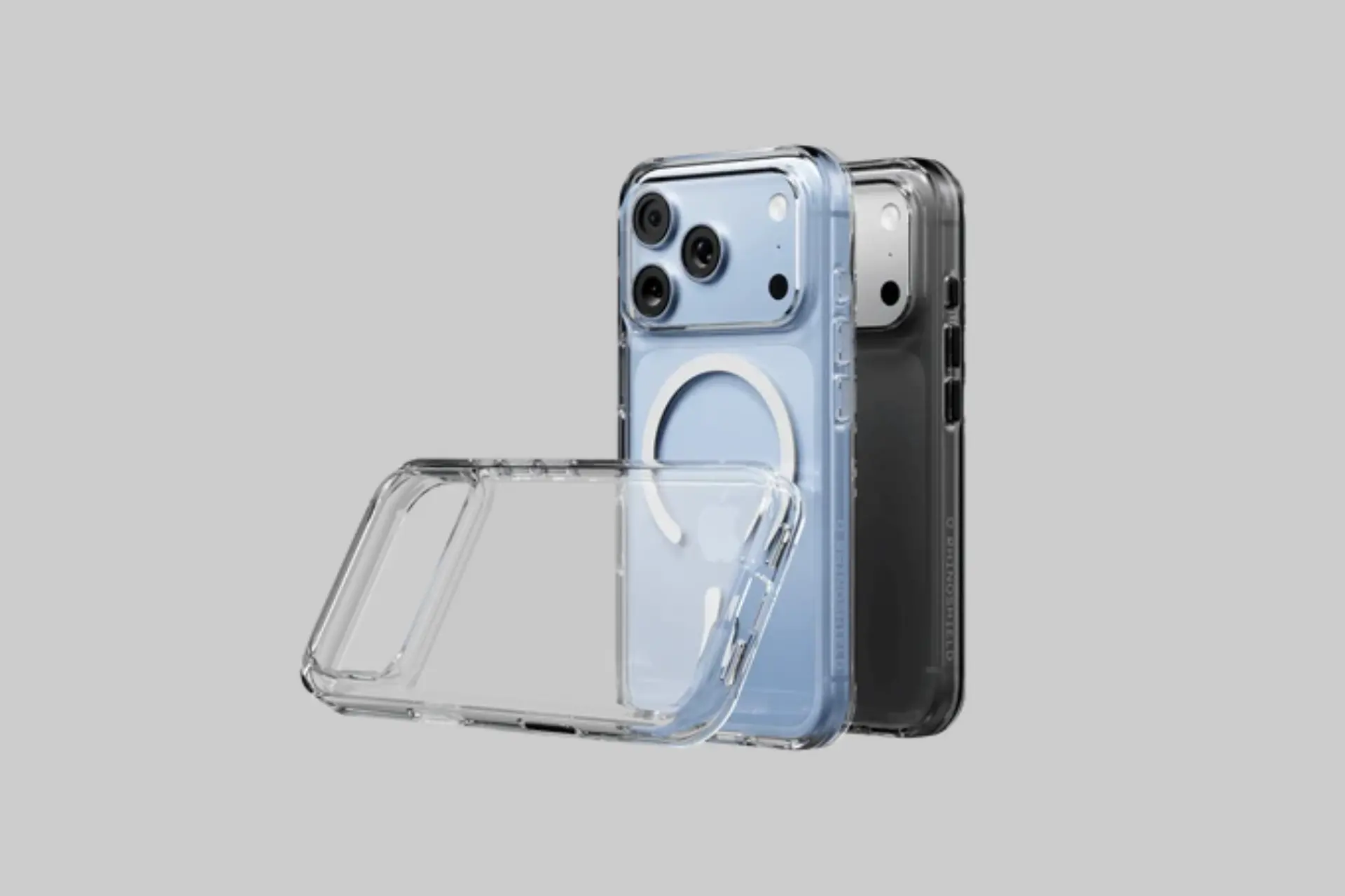The RhinoShield ClearX clear MagSafe iPhone case showing its slim 1mm side profile, ShockSpread corner protection zones, and raised camera bezel on an iPhone against a clean background.