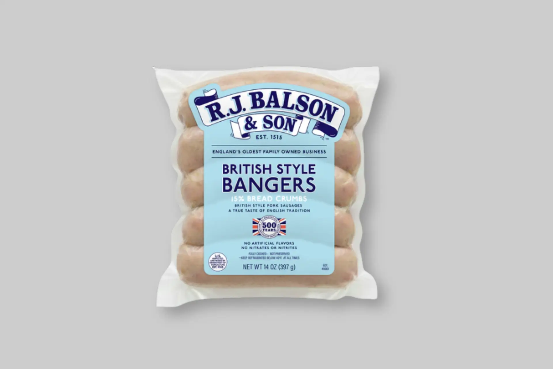 R.J. Balson British Style Bangers featuring traditional British pork sausages made from heritage pork with natural casings and classic seasoning. - Product Review