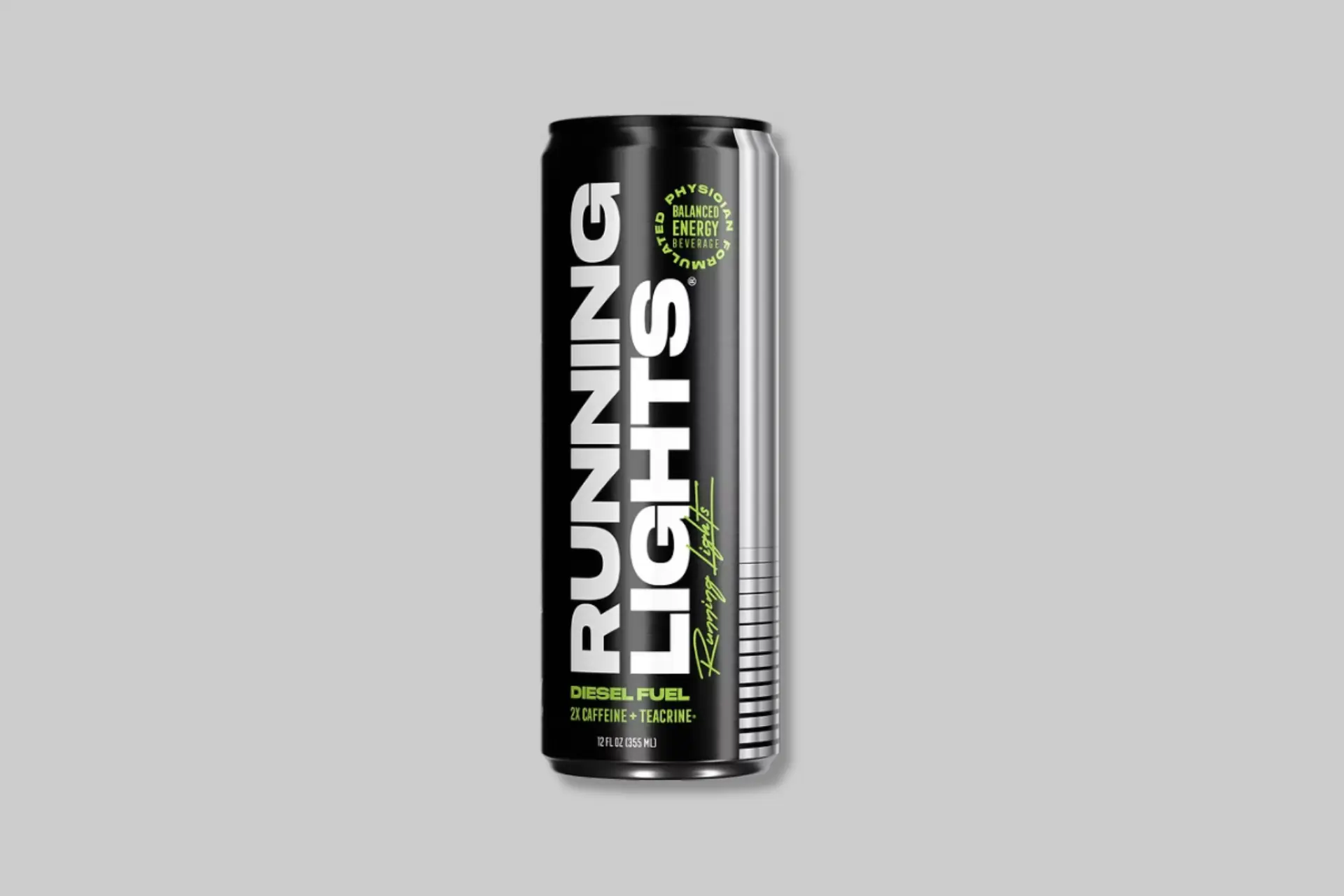 A can of Running Lights Diesel Fuel energy drink next to a runner on a track, emphasizing sustained energy and focus. - Product Review