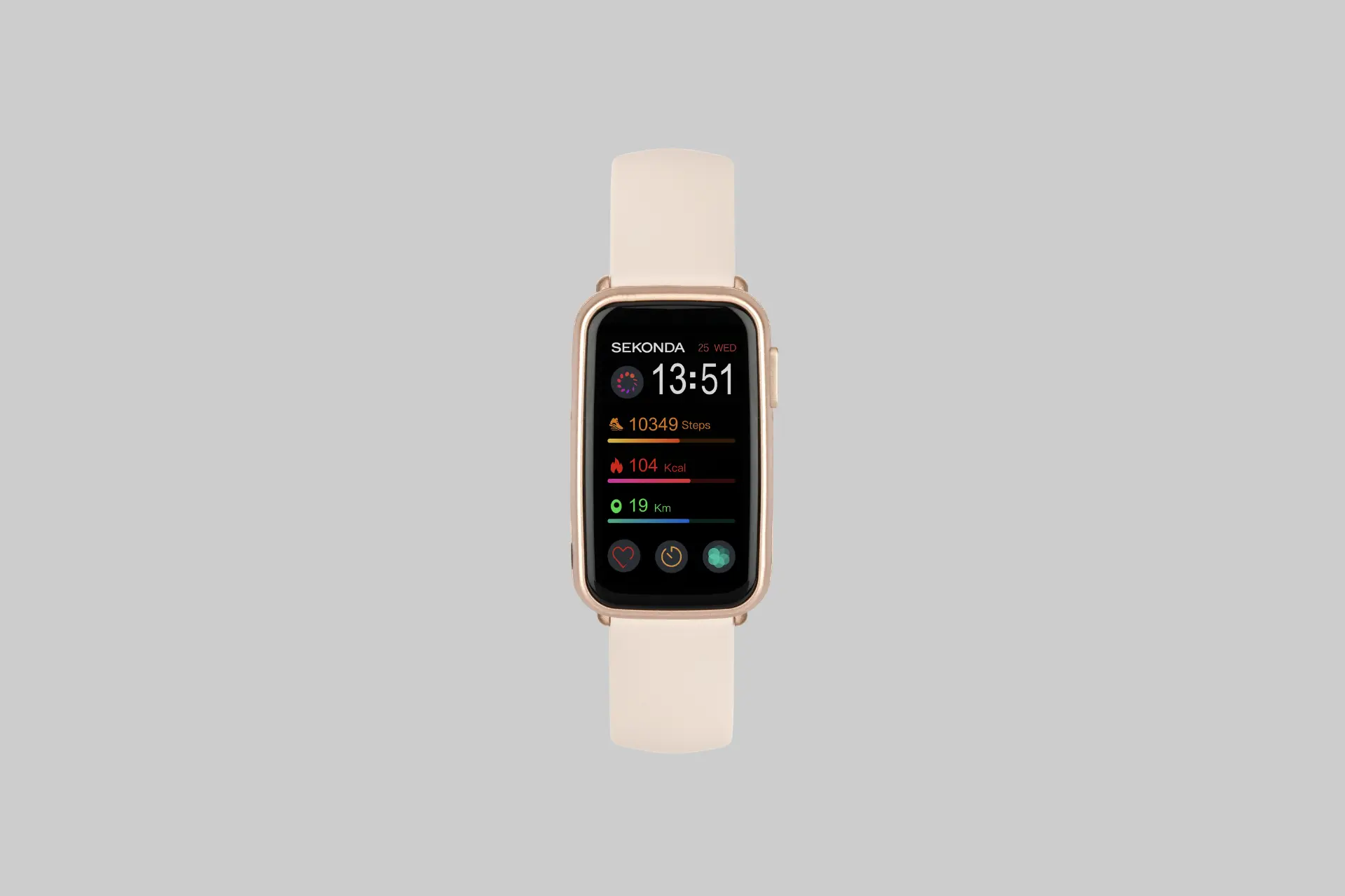 The Sekonda Track Smartwatch 30170 in rose gold with a pink silicone strap, showing its color display, sport mode interface, and slim case profile on a wrist.
