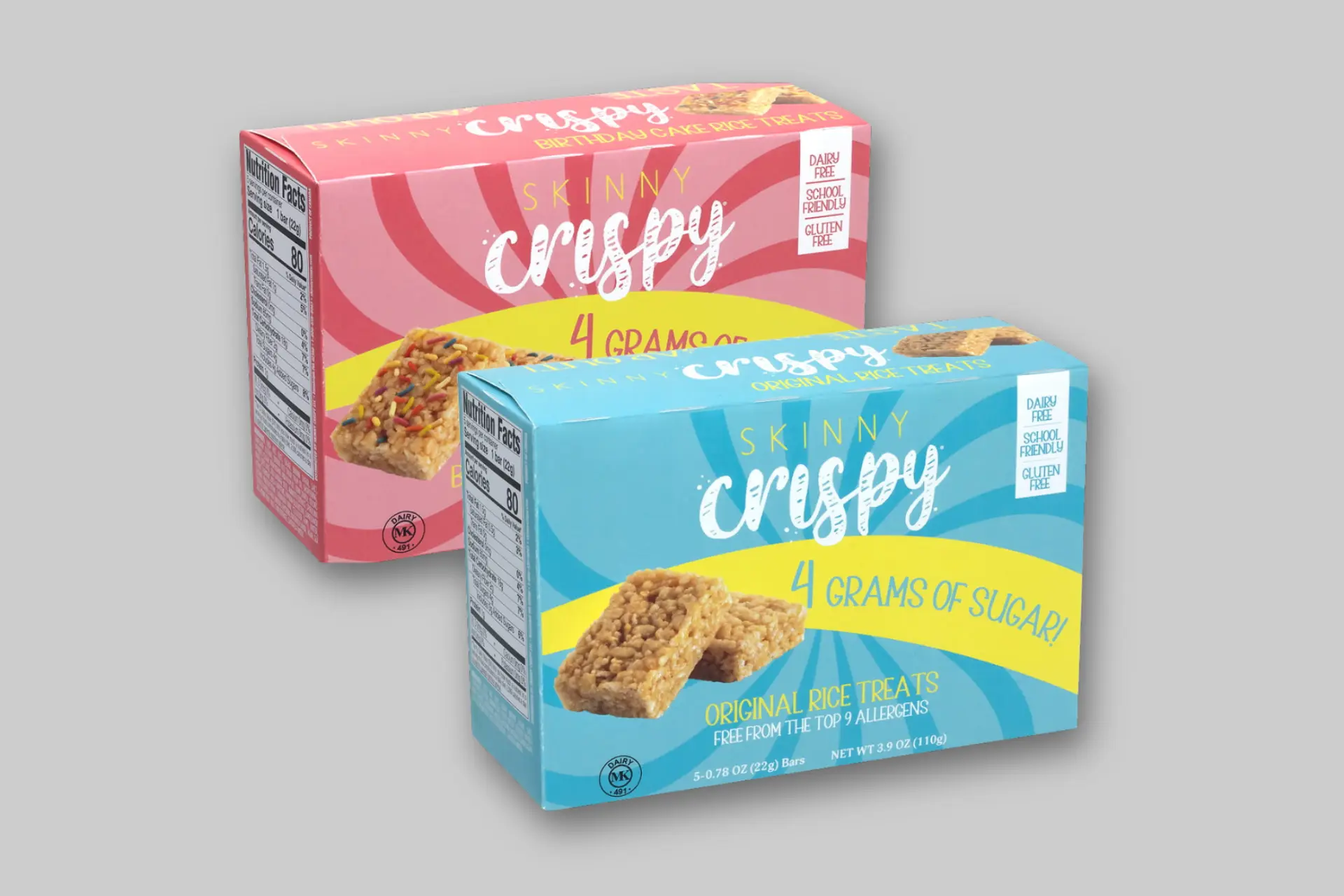 A Skinny Crispy Rice Treats Variety Pack box with individual Birthday Cake and Vanilla treats visible, emphasizing their light and crispy texture. - Product Review