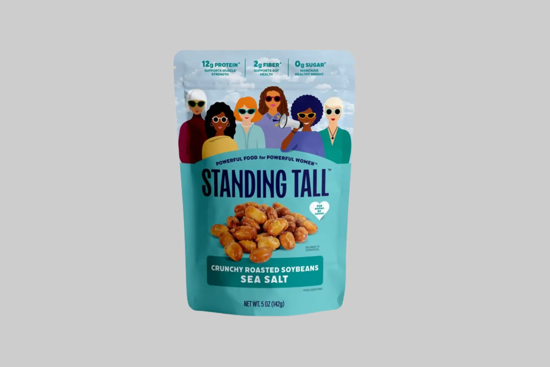 Standing Tall Sea Salt Soybean Snacks 9-pack showing bags of crunchy roasted soybeans with clean ingredient labeling and protein content callout on a light background.