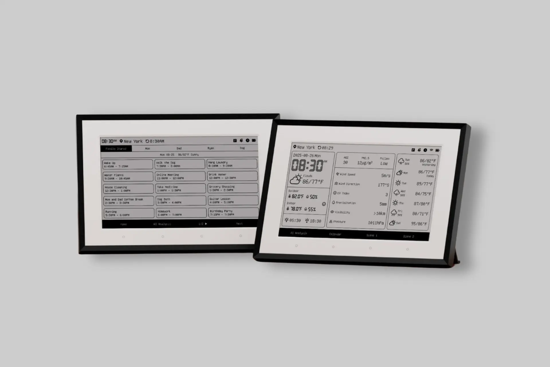SwitchBot Weather Station featuring a large color display showing indoor and outdoor temperature, humidity, weather forecast, and smart home data.