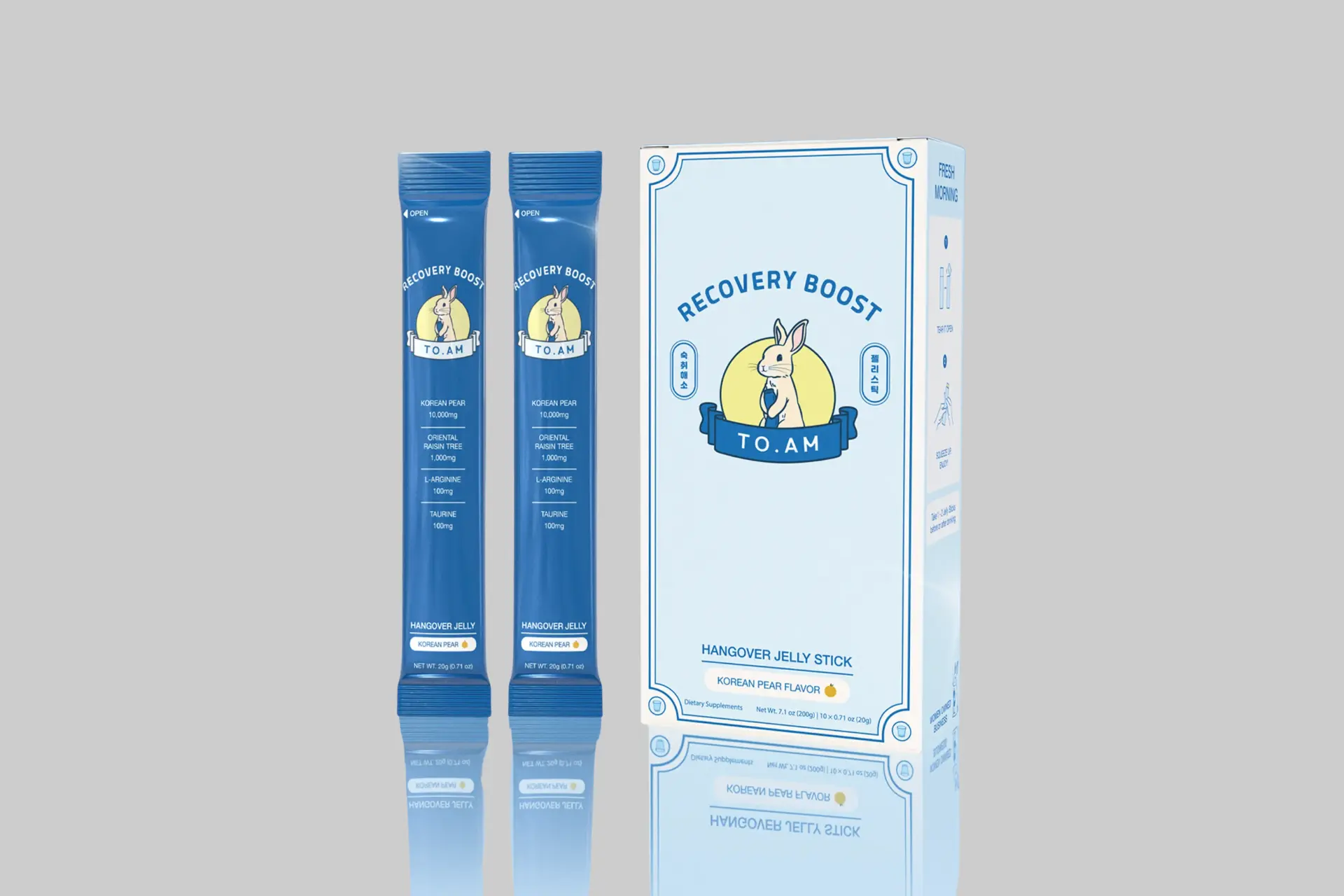 A pack of TO. AM Hangover Recovery Boost Korean pear flavored jelly sticks, promoting natural recovery. - Product Review