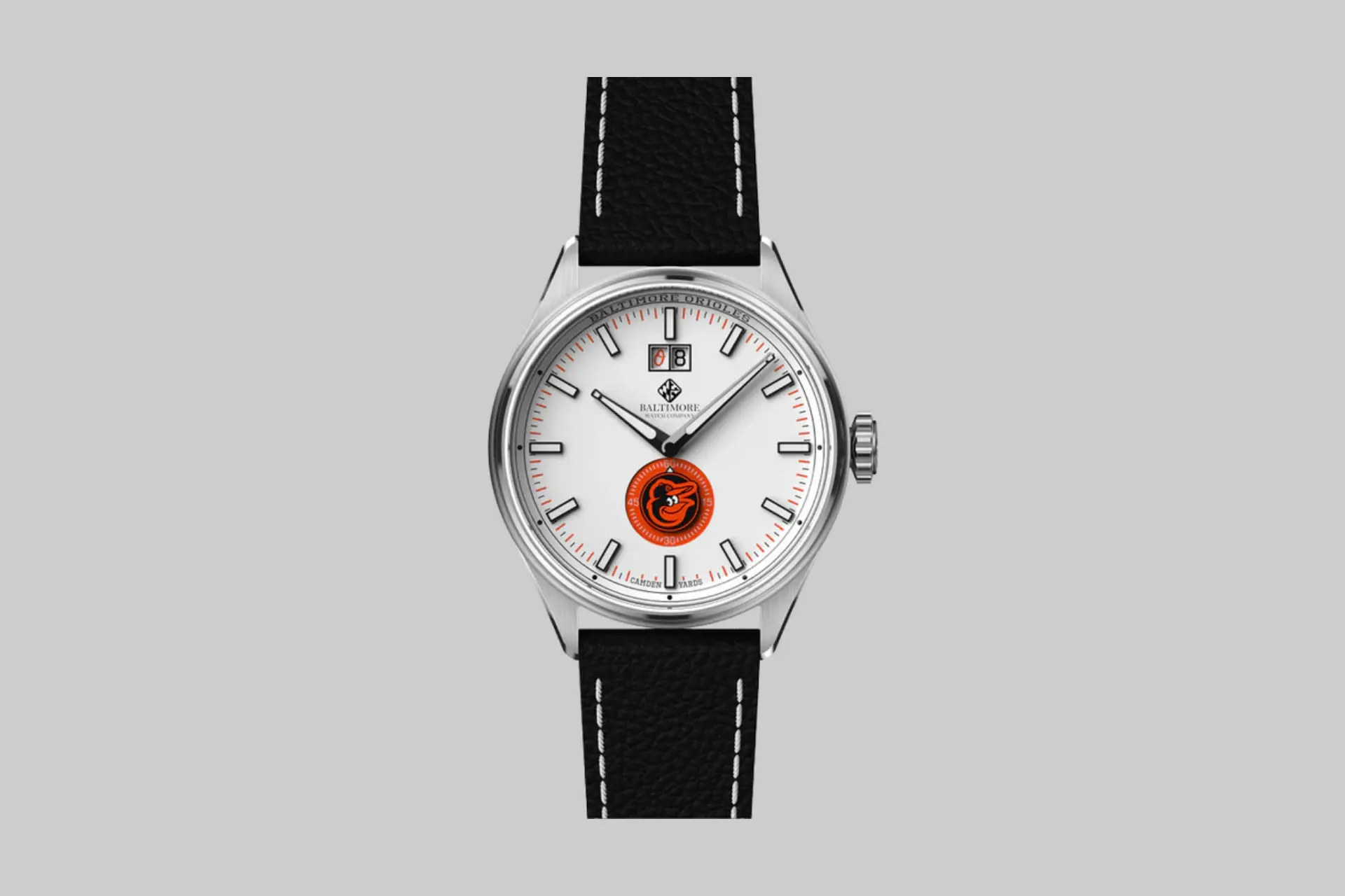 Close-up of the Tsao Baltimore First Edition Baltimore Orioles watch, highlighting the orange dial and custom baseball-themed elements. - Product Review