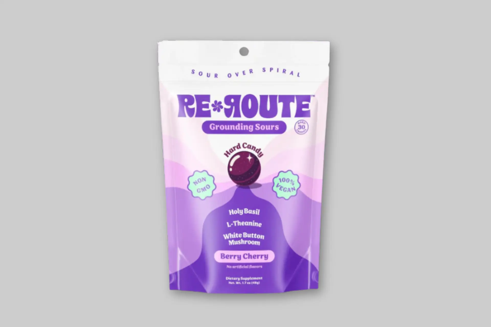 A pouch of Re-Route Sour Candy with Adaptogens, showcasing its vibrant packaging and suggesting natural stress relief. - Product Review