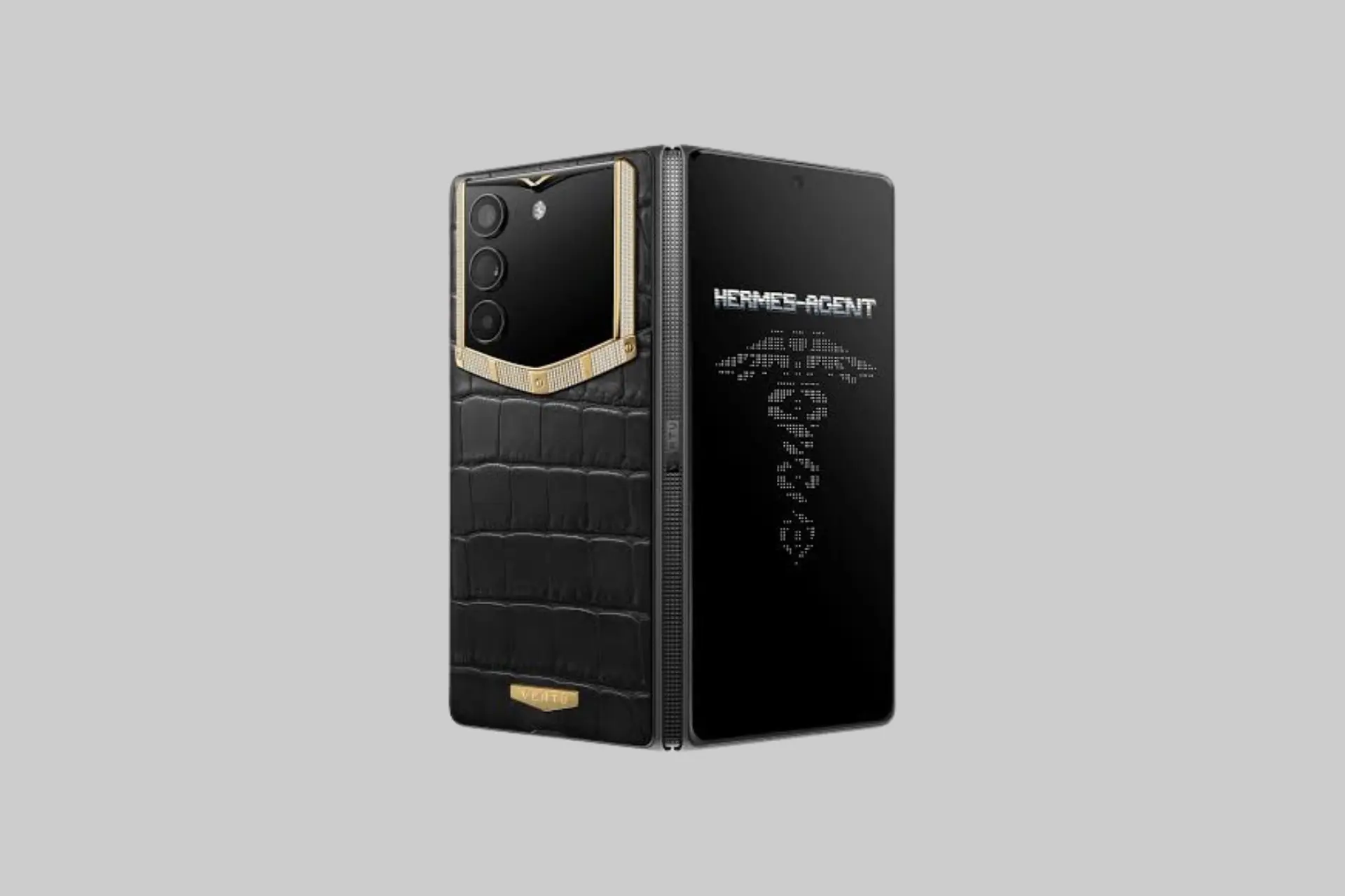 The VERTU AlphaFold luxury AI foldable phone open and closed, showing its 8.05-inch UTG inner display, titanium and liquid-metal hinge, and premium finish alongside the Hermes Agent AI interface.