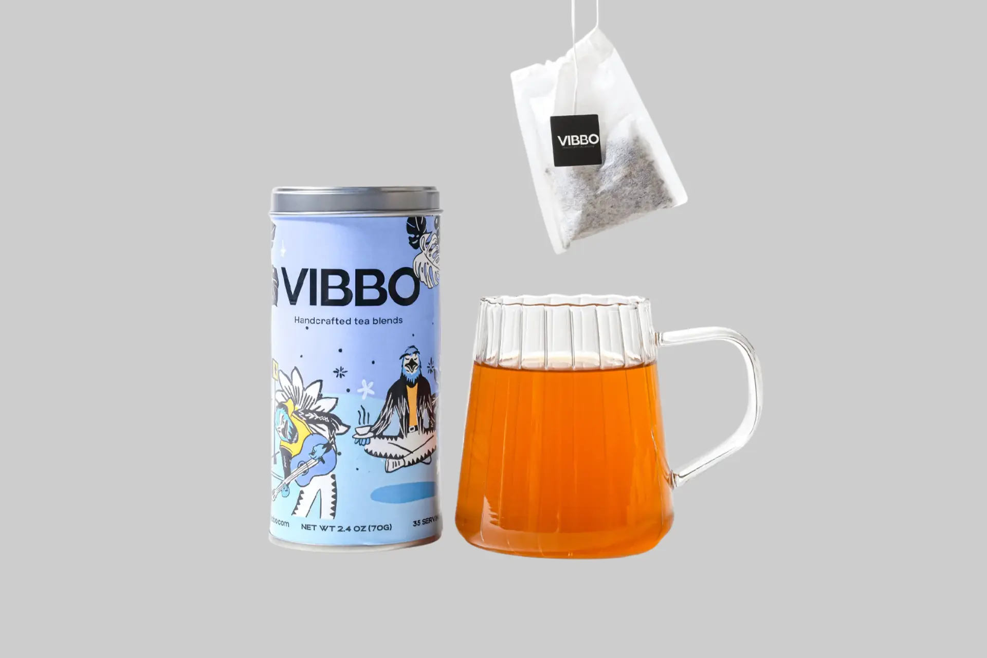 VIBBO Chill Vibes loose-leaf herbal tea with biodegradable tea bags featuring rosemary, lavender, passionflower, and lemon verbena.