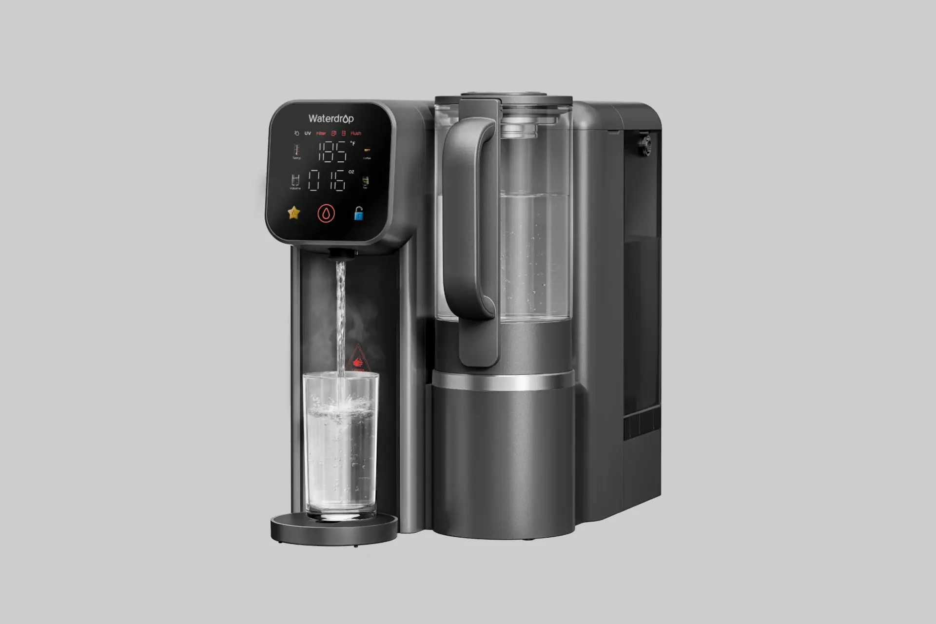 Waterdrop M6H instant hot reverse osmosis countertop water dispenser with glass pitcher.