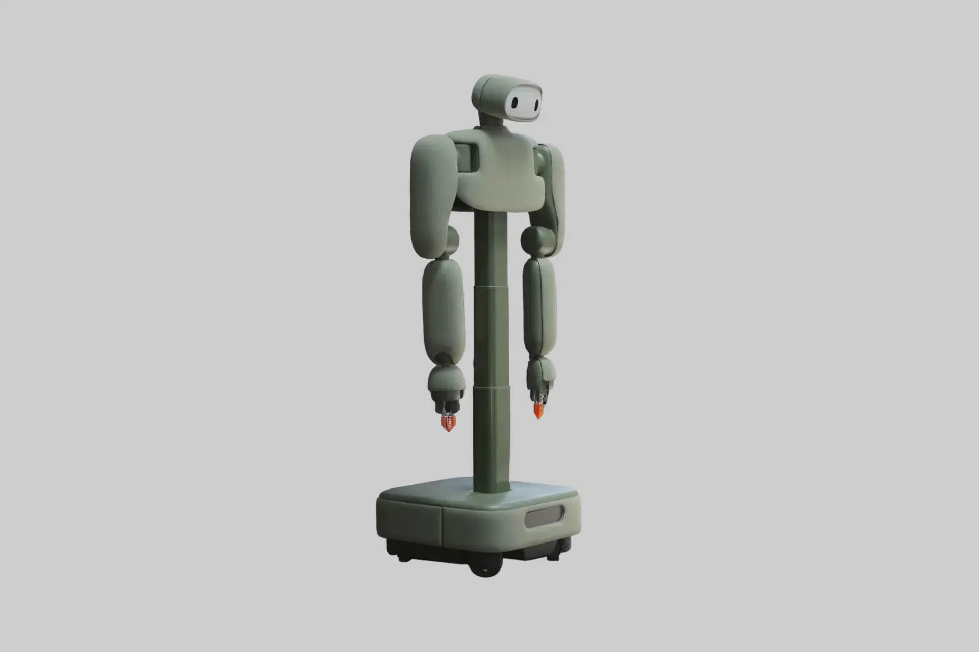 The Weave Robotics Isaac 1 mobile home robot in Sage colorway, showing its collapsible torso, dual arms, fabric shell exterior, and wheeled base in a home living space.