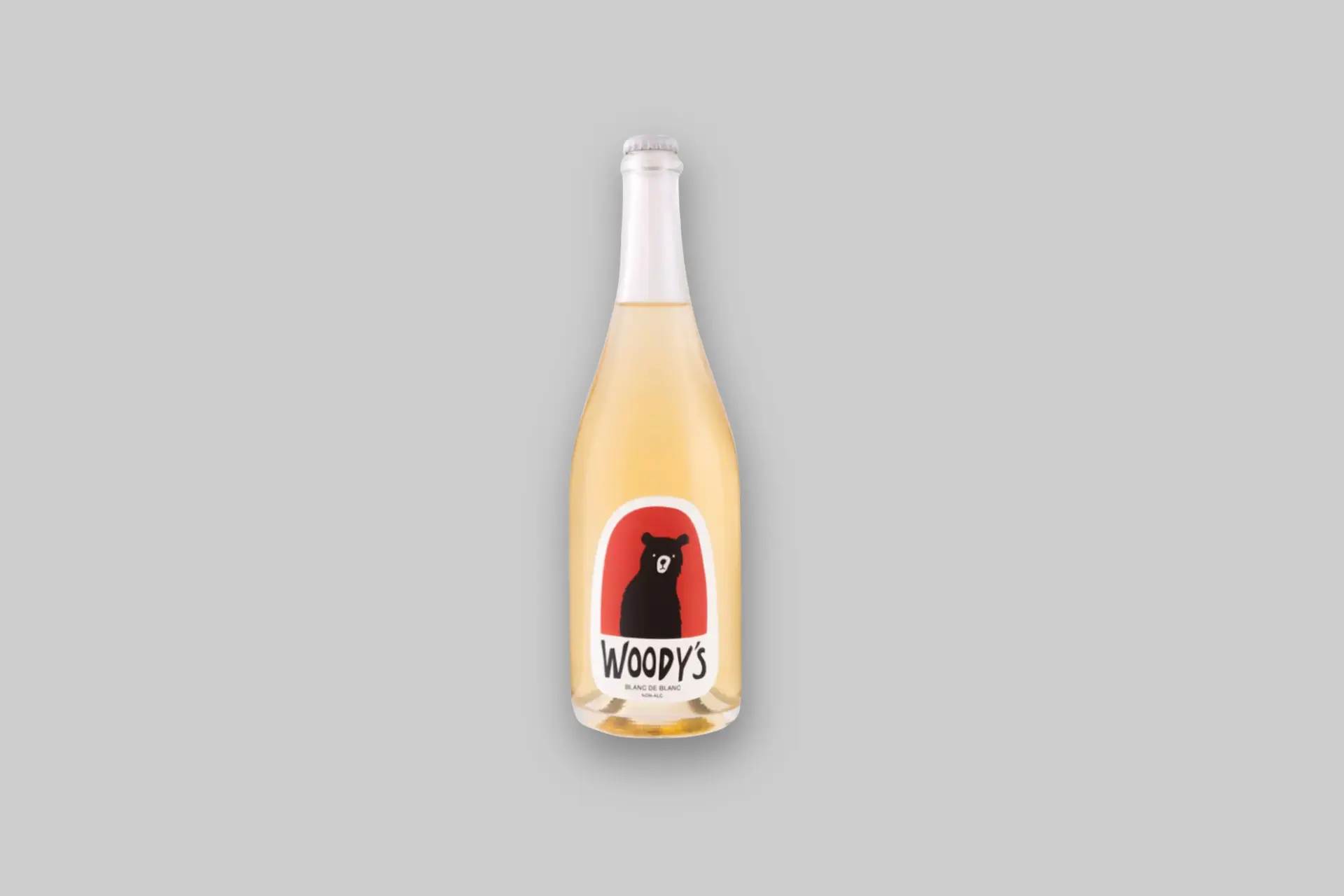 Bottle of Woody’s Sparkling Blanc de Blanc non-alcoholic wine made from California Chardonnay grapes with elegant sparkling presentation. - Product Review