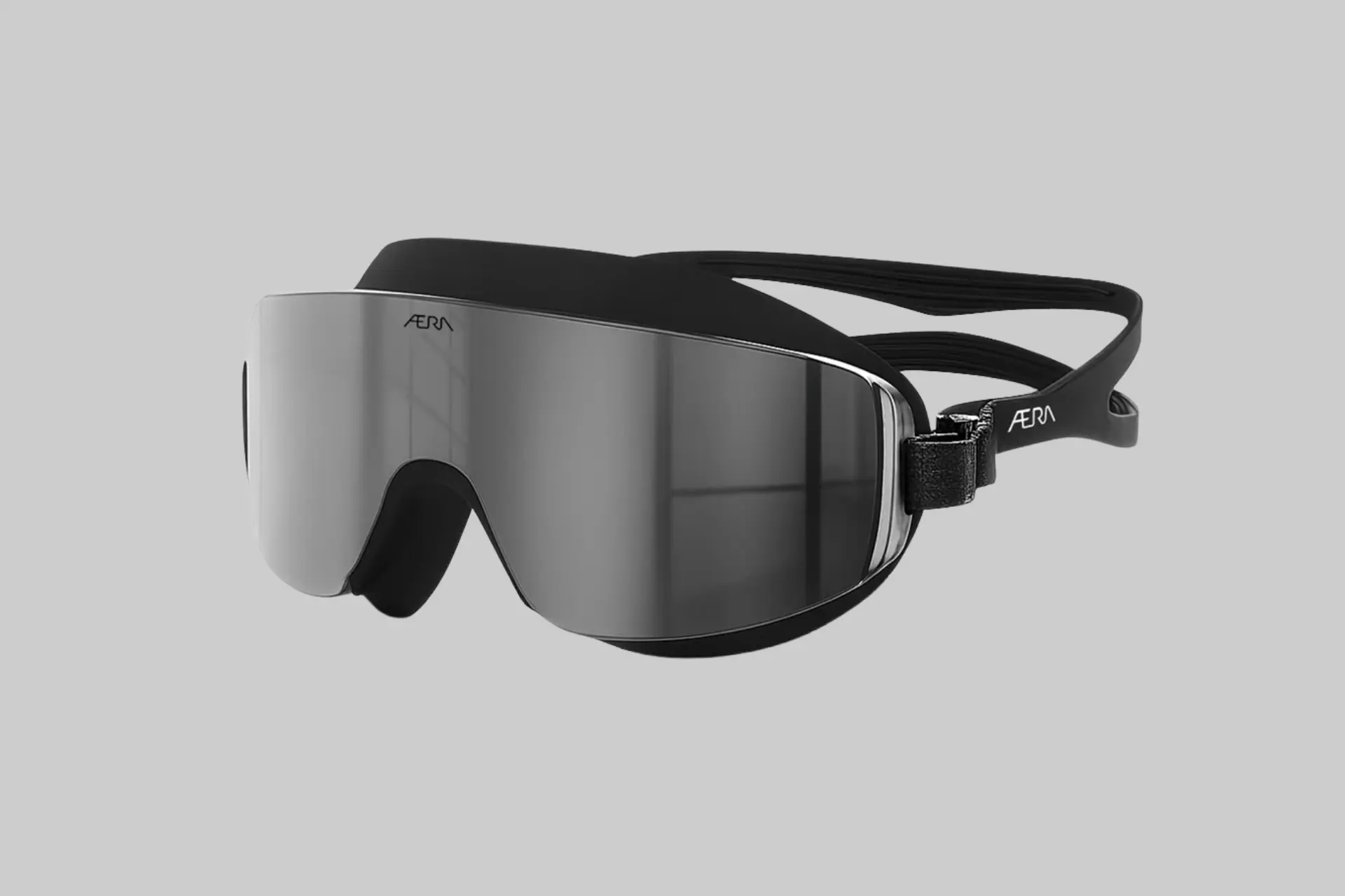 Close-up of Aera Frameless Watersport Eyewear in 'Blue Steel' color, showcasing the panoramic lens and sleek design. - Product Review