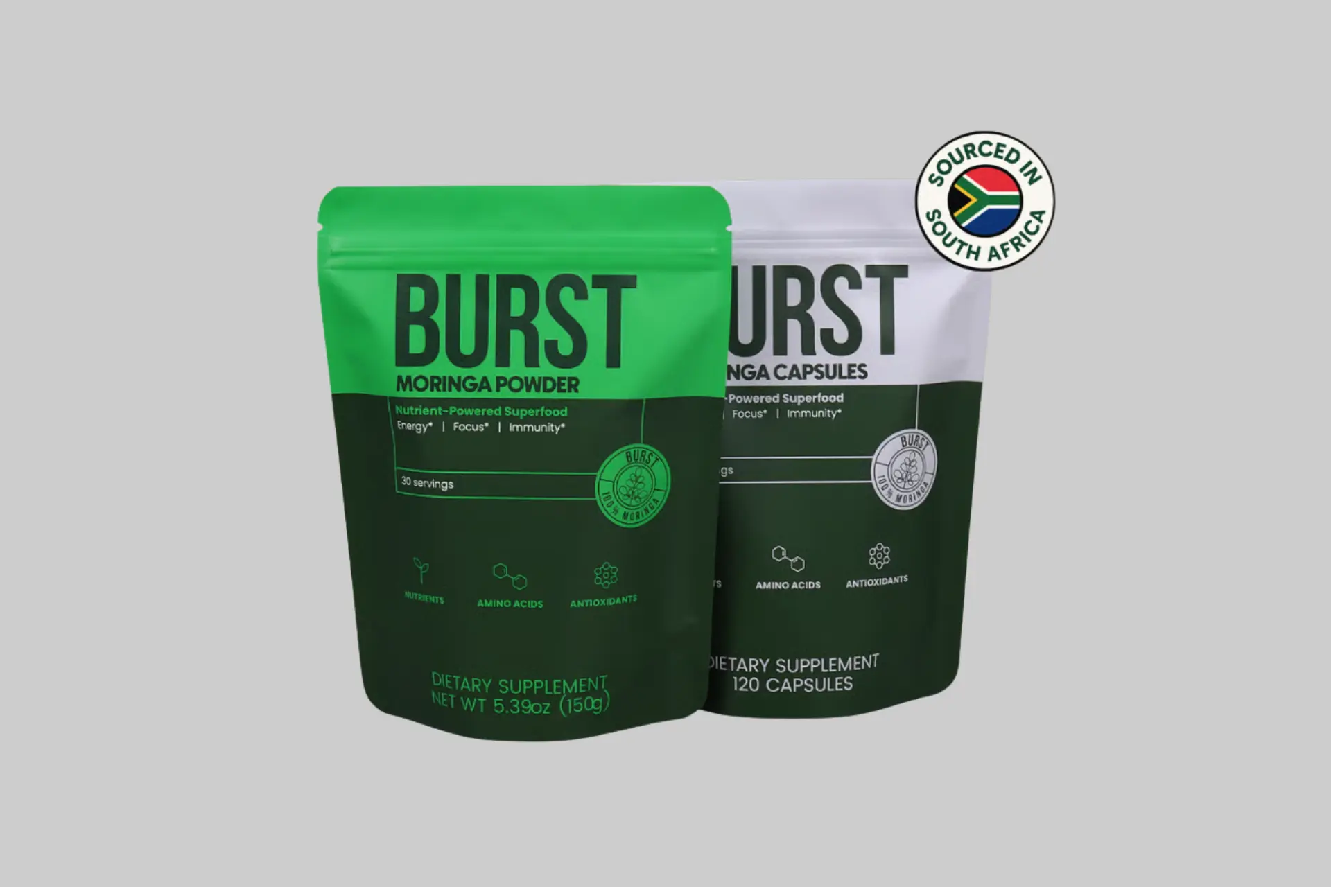 Burst Organic Moringa Powder in a resealable pouch made from 100% pure single-origin moringa leaves sourced from South Africa. - Product Review