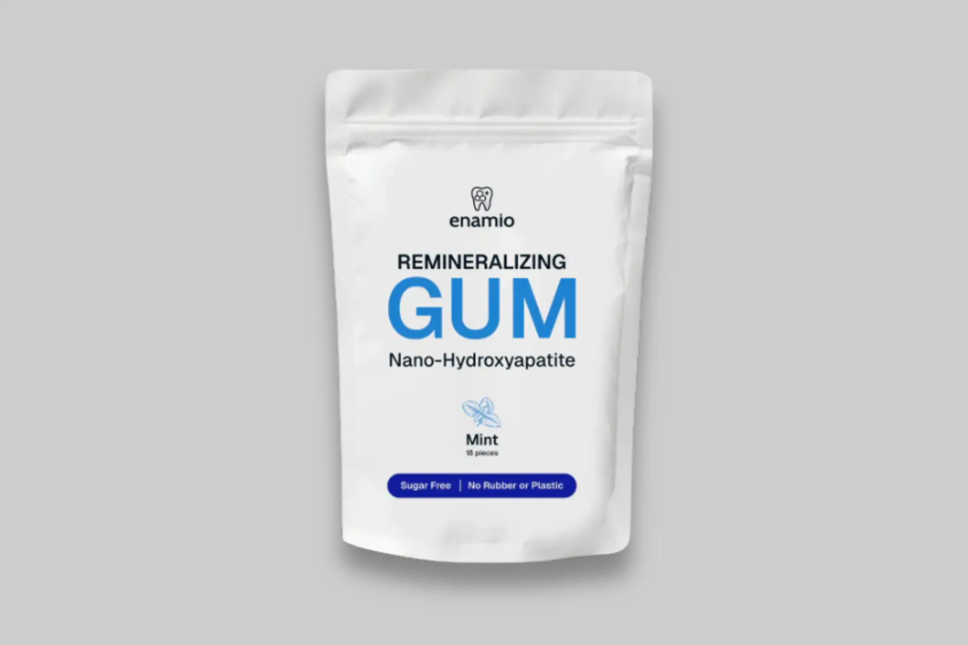 Packaging of Enamio Remineralizing Gum in mint and berry flavors, highlighting its natural and remineralizing properties. - Product Review