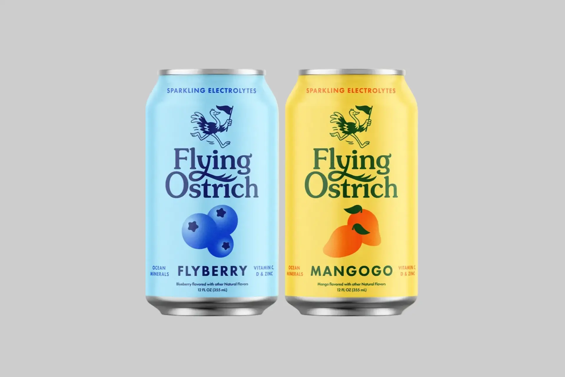 Flying Ostrich Mixed Pack featuring Flyberry and Mangogo sparkling electrolyte beverages with colorful cans highlighting real fruit juice and ocean mineral hydration. - Product Review