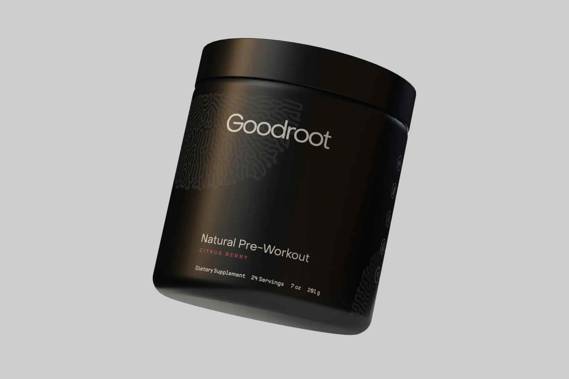 A vibrant image of Goodroot Pre-workout powder in a container with a scoop, surrounded by fresh, natural ingredients like beets and maca root. - Product Review